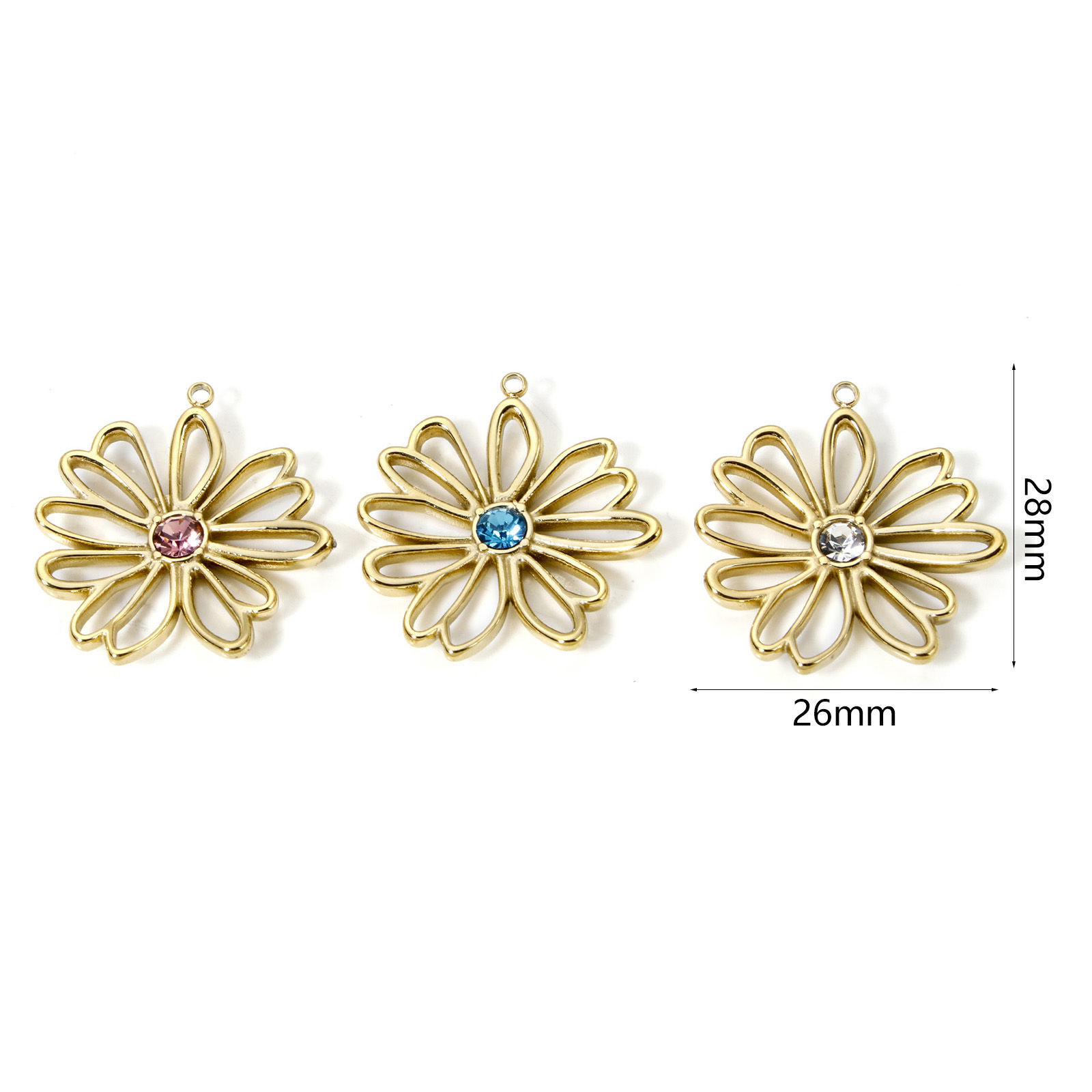 Picture of Eco-friendly PVD Vacuum Plating 304 Stainless Steel Flora Collection Charms 14K Real Gold Plated Flower Multicolor Rhinestone 28mm x 26mm