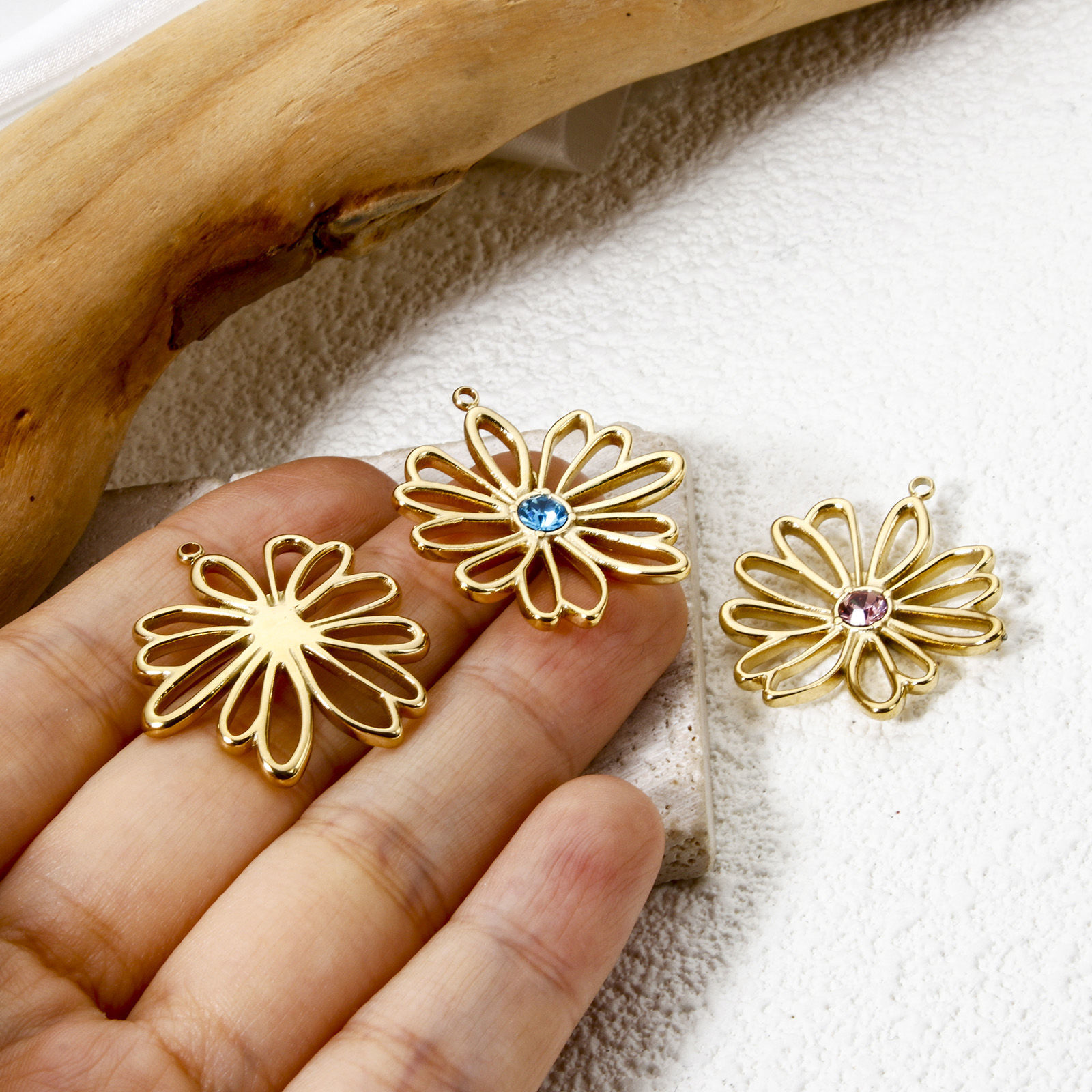 Picture of Eco-friendly PVD Vacuum Plating 304 Stainless Steel Flora Collection Charms 14K Real Gold Plated Flower Multicolor Rhinestone 28mm x 26mm