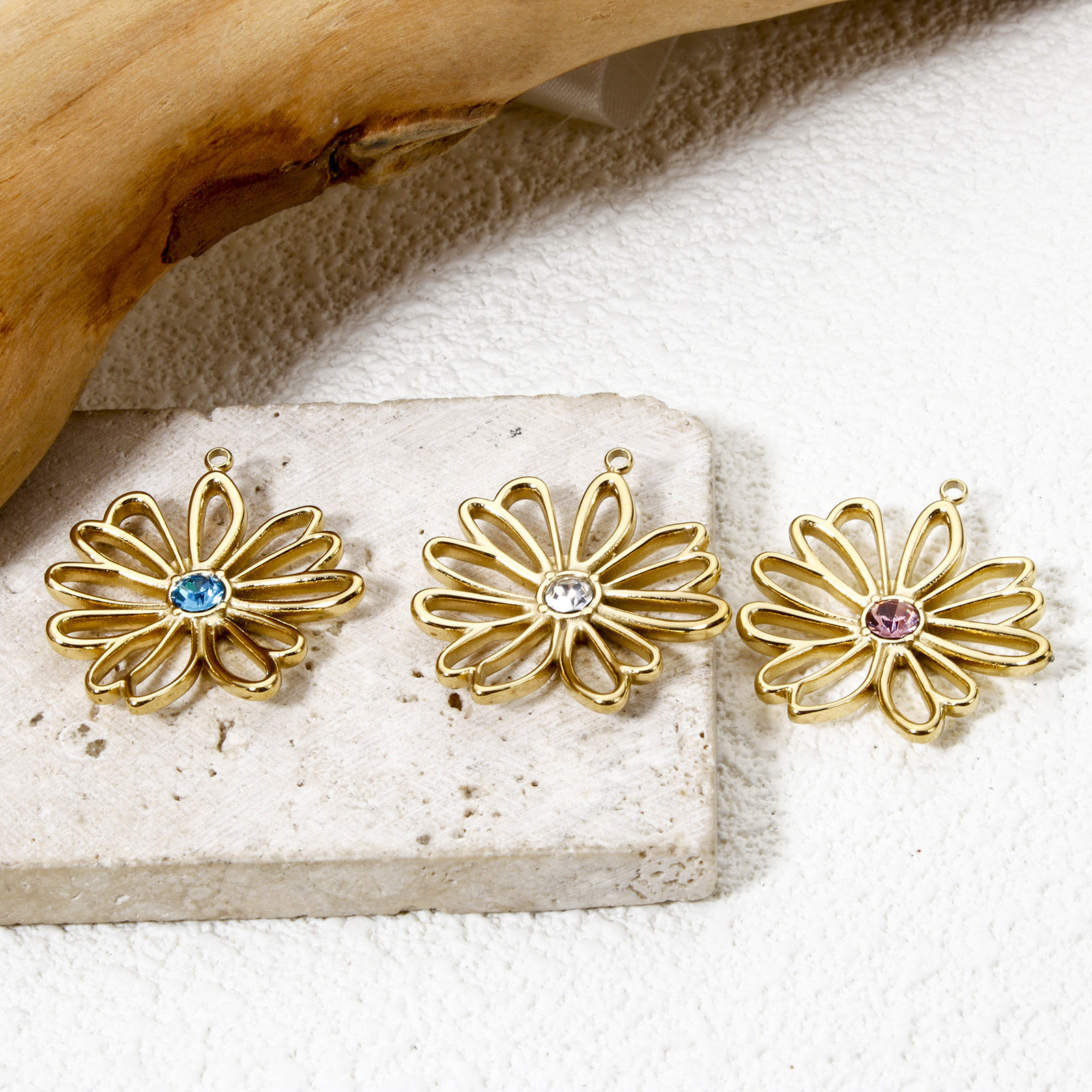 Picture of Eco-friendly PVD Vacuum Plating 304 Stainless Steel Flora Collection Charms 14K Real Gold Plated Flower Multicolor Rhinestone 28mm x 26mm