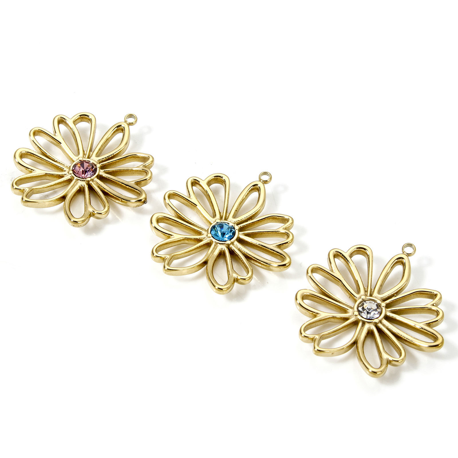 Picture of Eco-friendly PVD Vacuum Plating 304 Stainless Steel Flora Collection Charms 14K Real Gold Plated Flower Multicolor Rhinestone 28mm x 26mm
