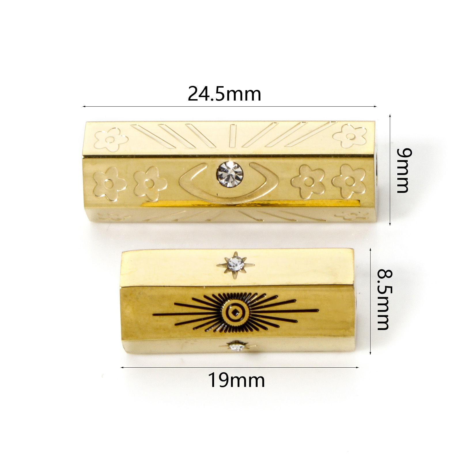 Picture of Eco-friendly PVD Vacuum Plating 304 Stainless Steel Beads For DIY Jewelry Making 14K Real Gold Plated Hexagonal Prism Clear Rhinestone