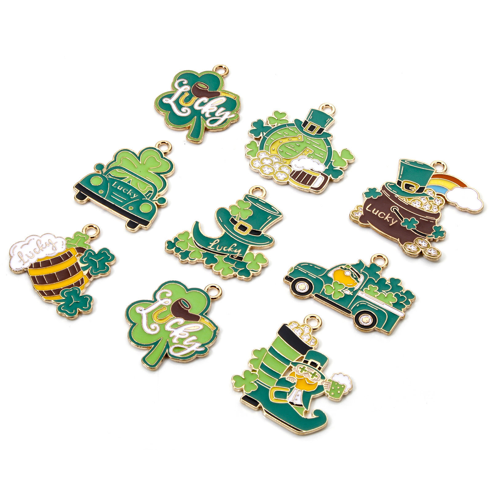Picture of Zinc Based Alloy St Patrick's Day Charms Gold Plated Green Leaf Clover Shamrock Enamel