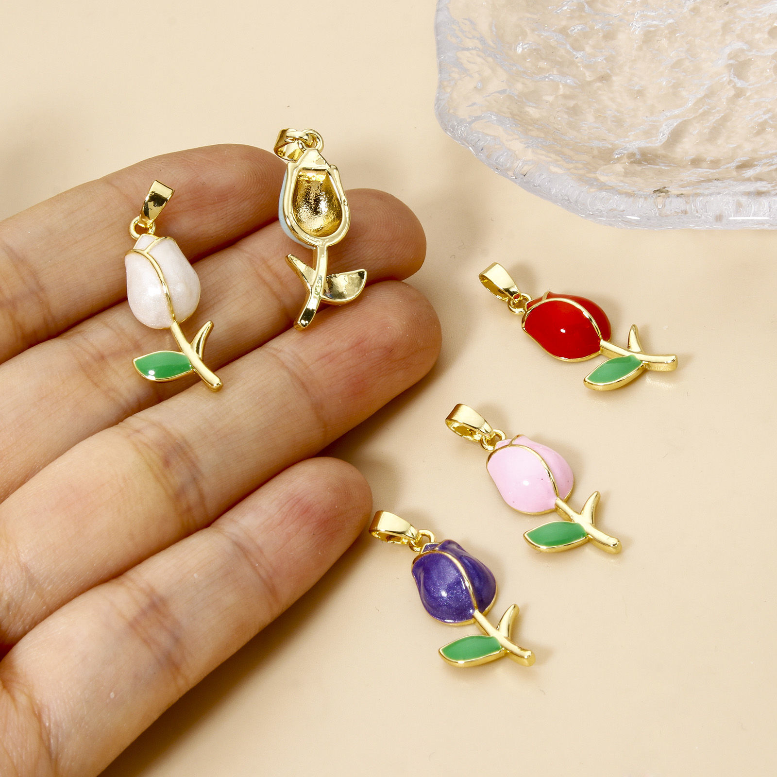 Picture of 2 PCs Brass Charm Pendant Real Gold Plated Tulip Flower Enamel 29mm x 10mm