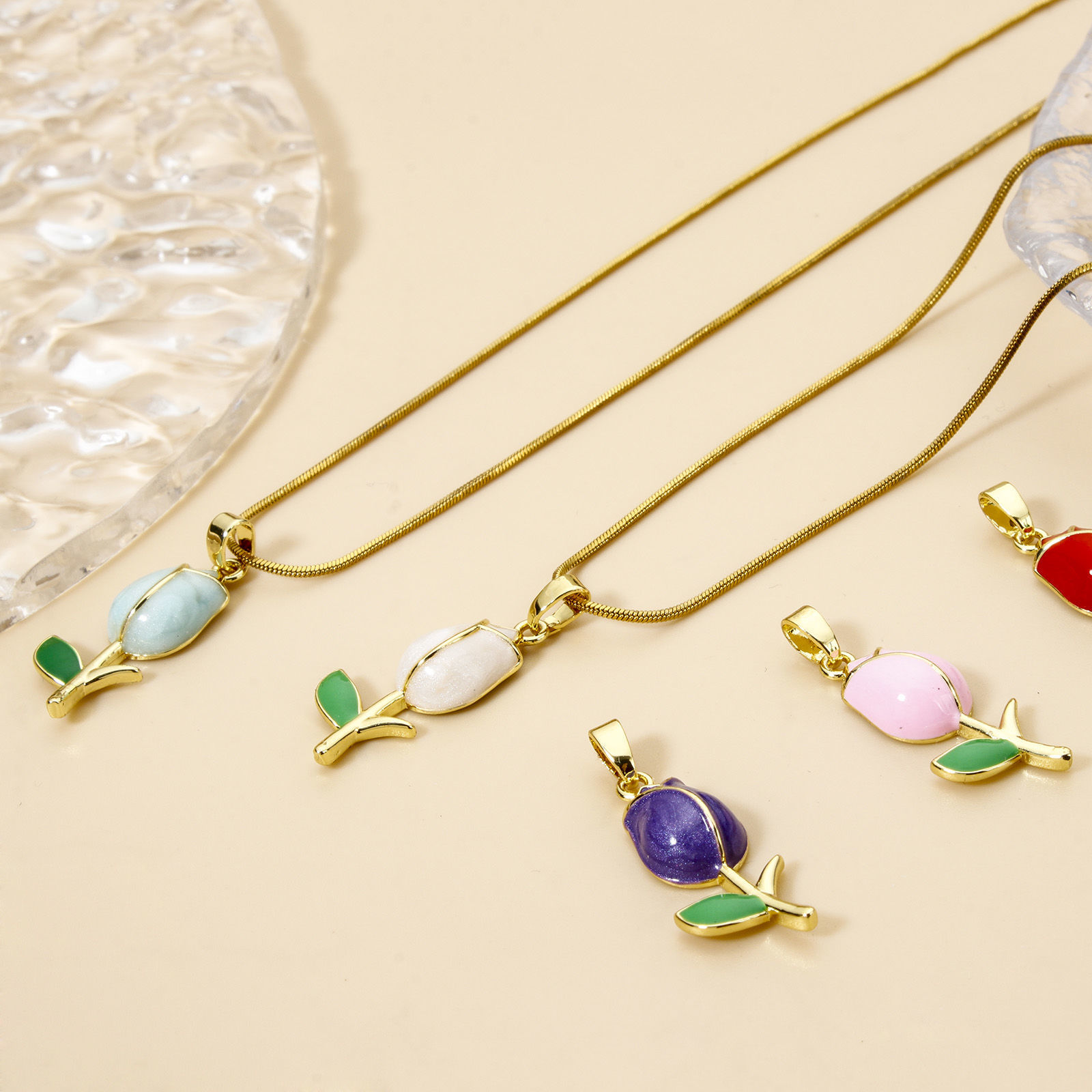 Picture of 2 PCs Brass Charm Pendant Real Gold Plated Tulip Flower Enamel 29mm x 10mm