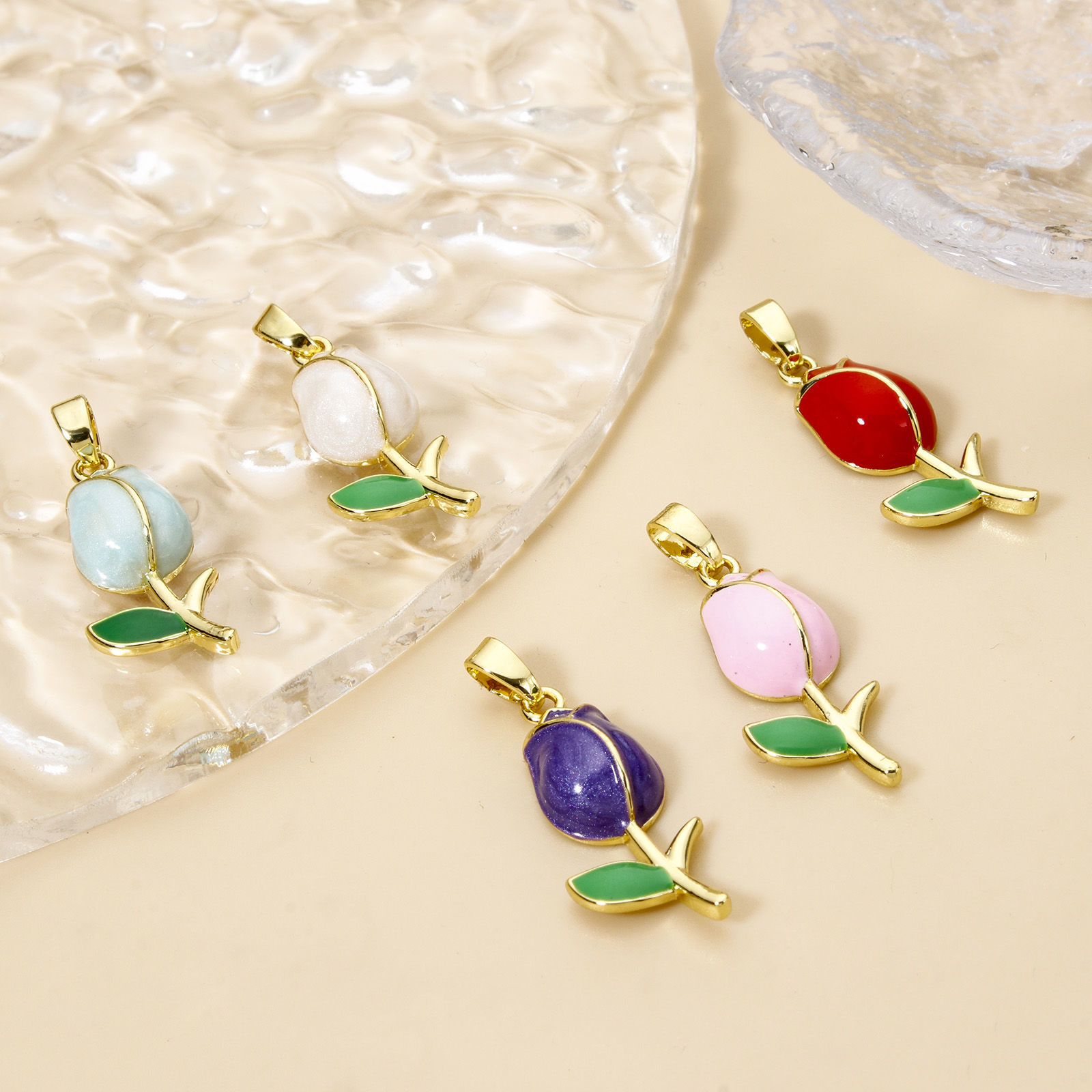 Picture of 2 PCs Brass Charm Pendant Real Gold Plated Tulip Flower Enamel 29mm x 10mm