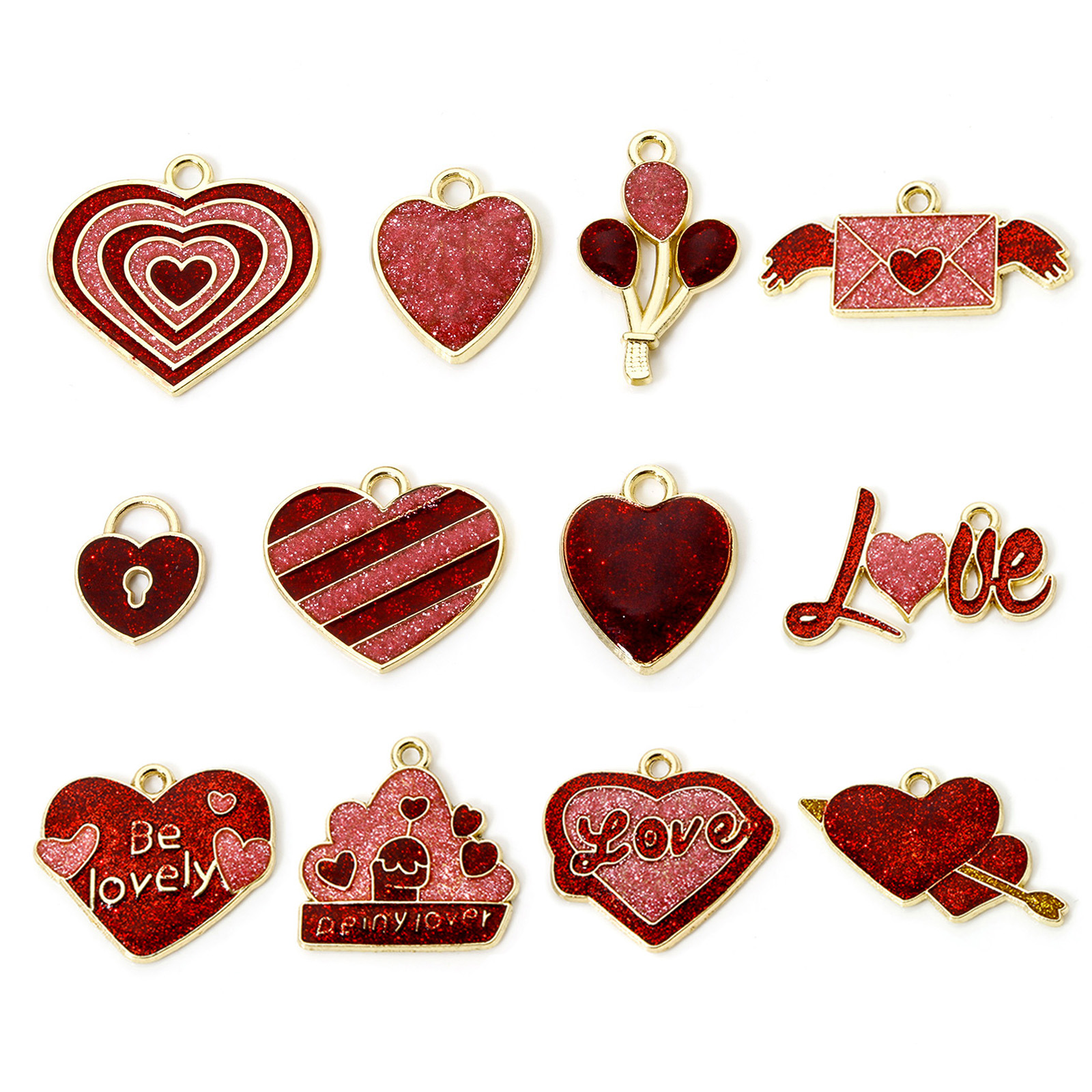 Picture of Zinc Based Alloy Valentine's Day Charms Gold Plated Red & Pink Glitter Heart Enamel