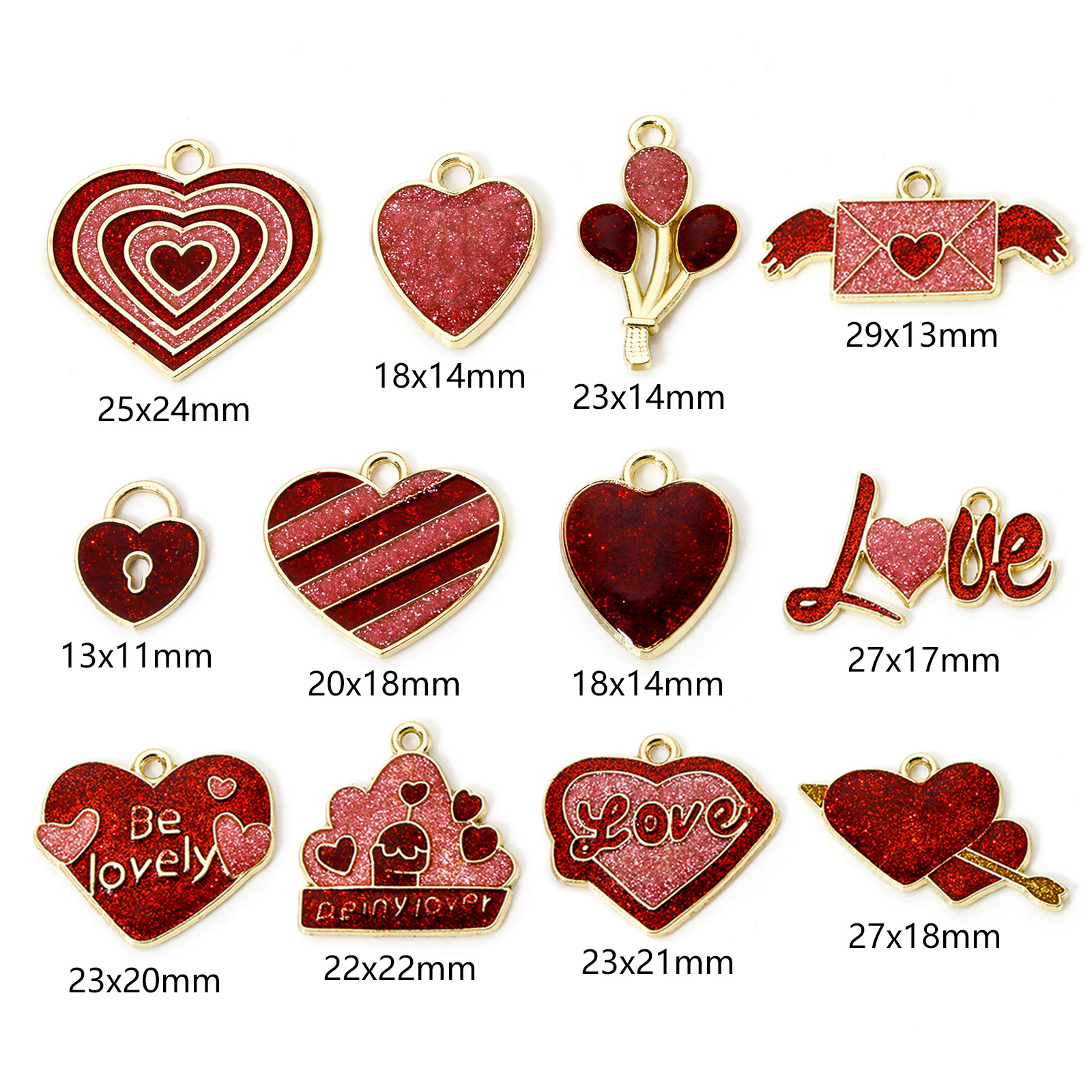 Picture of Zinc Based Alloy Valentine's Day Charms Gold Plated Red & Pink Glitter Heart Enamel