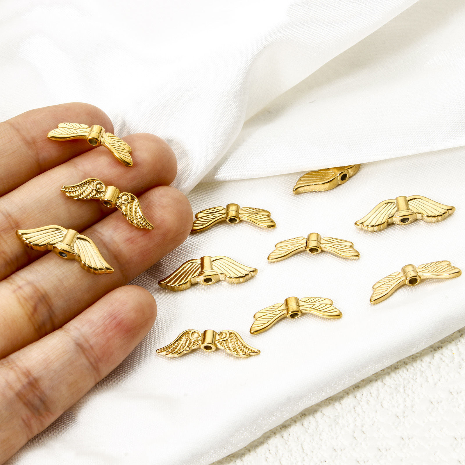 Picture of Eco-friendly Vacuum Plating 304 Stainless Steel Beads For DIY Jewelry Making 18K Real Gold Plated Wing