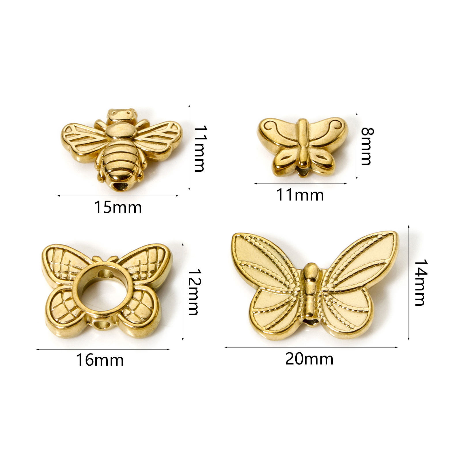 Immagine di 5 Pz Placcatura Sottovuoto Ecologica 304 Acciaio Inossidabile Insetto Perline per la Creazione di Gioielli con Fai-da-te 18K Vero Oro Placcato Farfalla