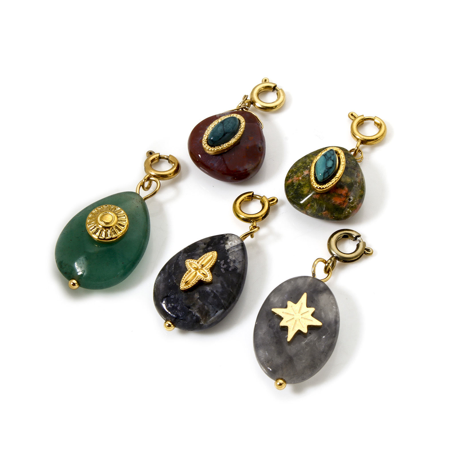 Picture of Eco-friendly PVD Vacuum Plating 304 Stainless Steel & Gemstone Clip On Charms For Vintage Charm Bracelets 18K Real Gold Plated Multicolor Drop Star With Spring Ring Clasp