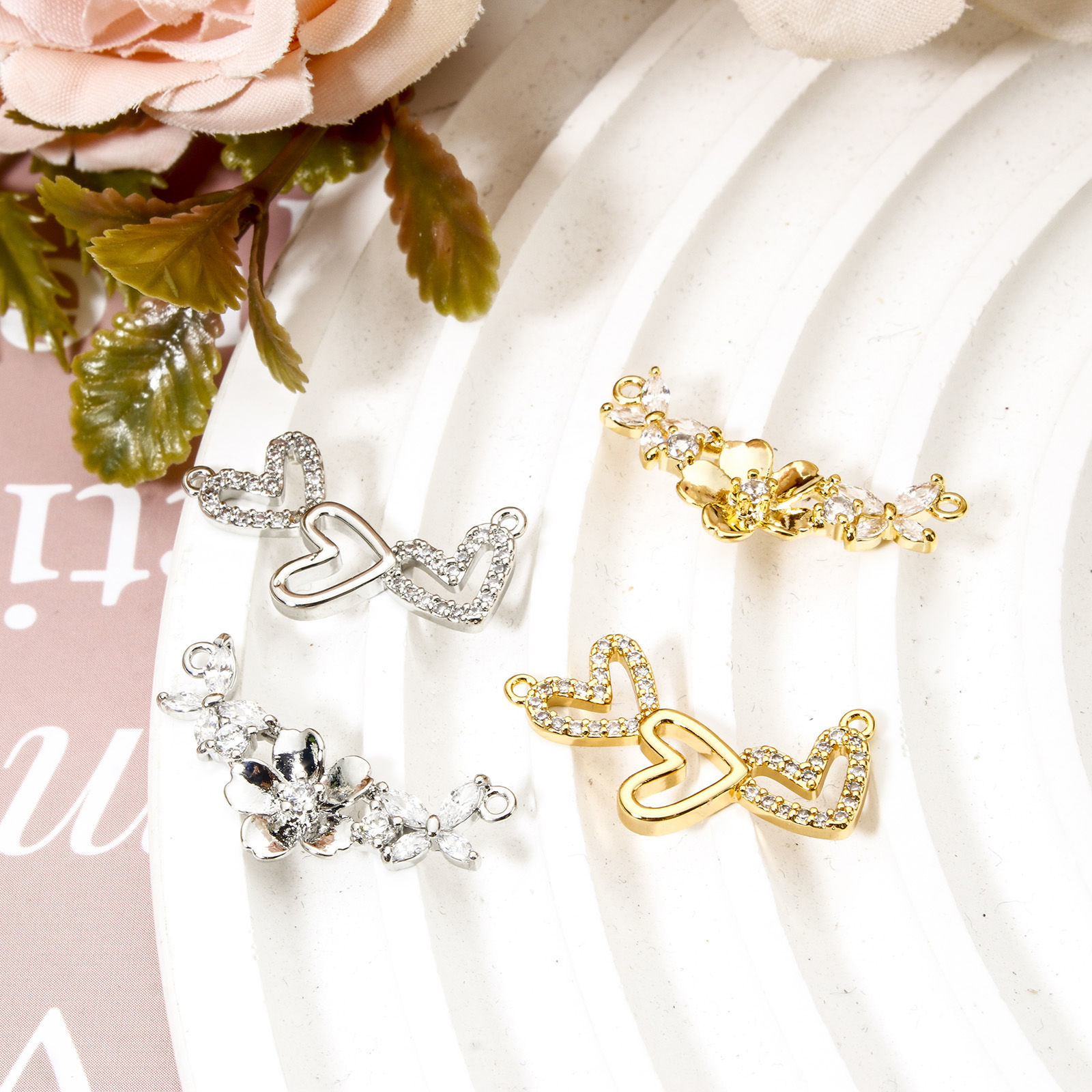Picture of Eco-friendly Brass Connectors Charms Pendants Heart Flower Real Gold Plated Clear Cubic Zirconia