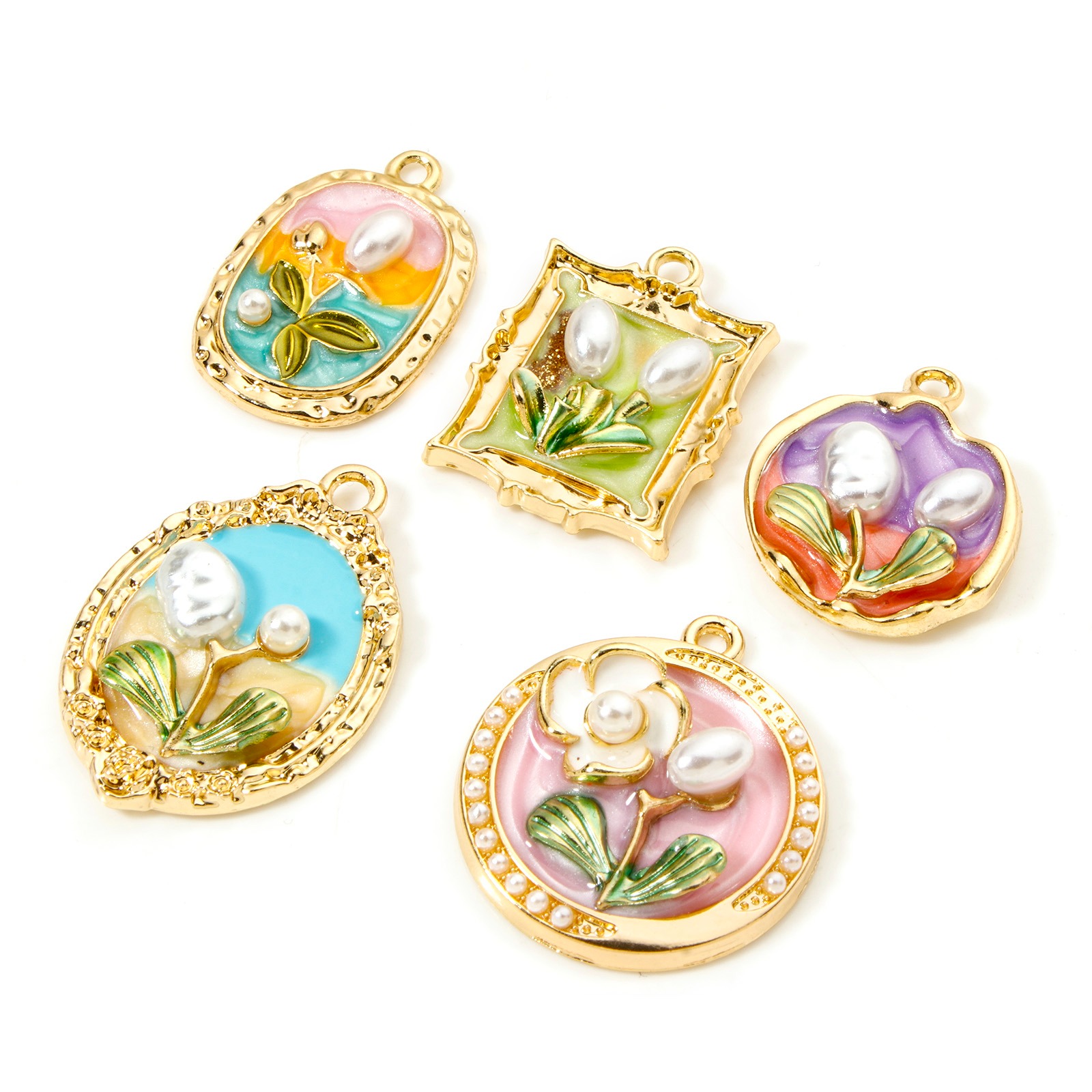 Picture of Zinc Based Alloy Oil Painting Style Charms Gold Plated Multicolor Flower Enamel