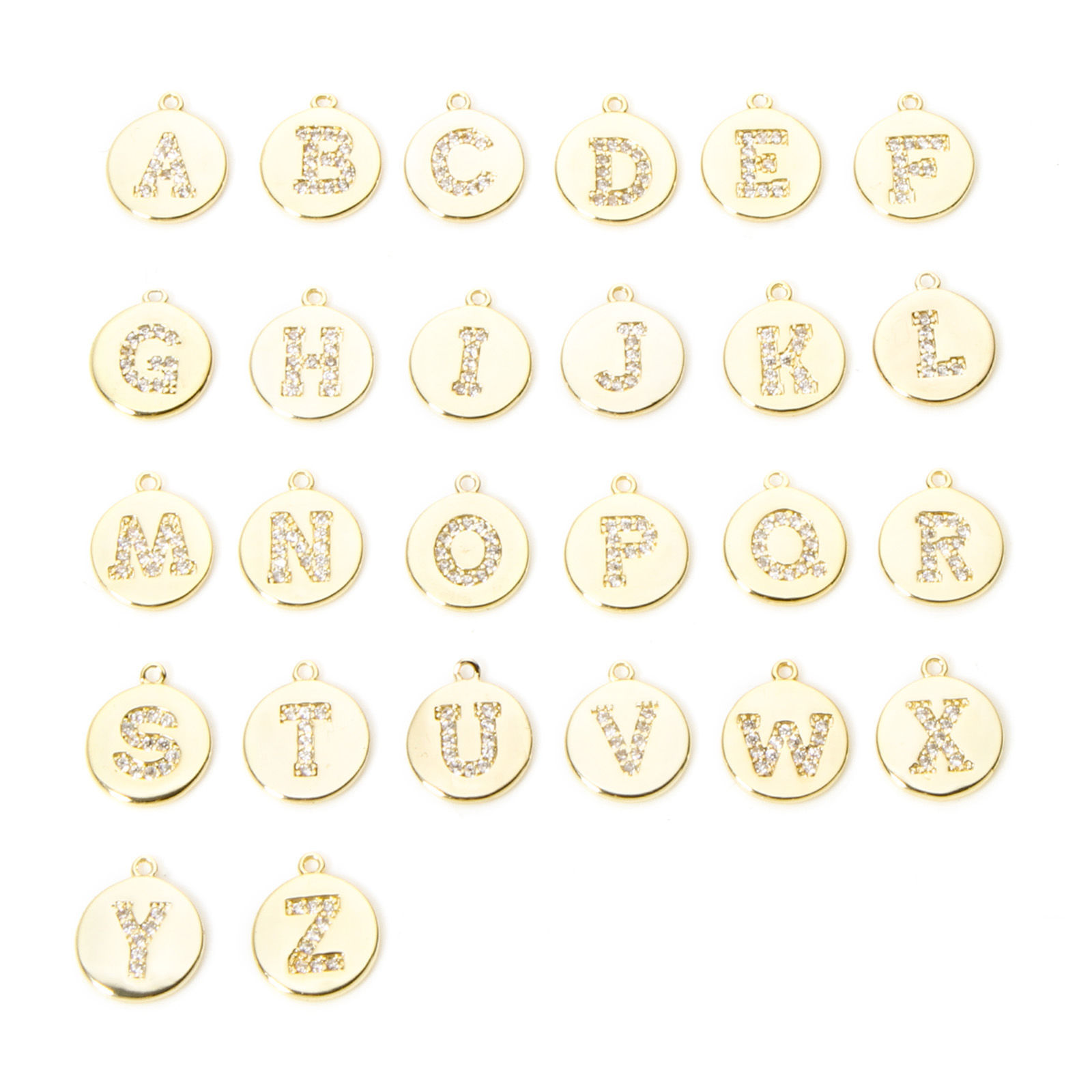Picture of Brass Charms 18K Gold Plated Round Capital Alphabet Initial Letter Micro Pave Clear Cubic Zirconia 12mm x 10mm