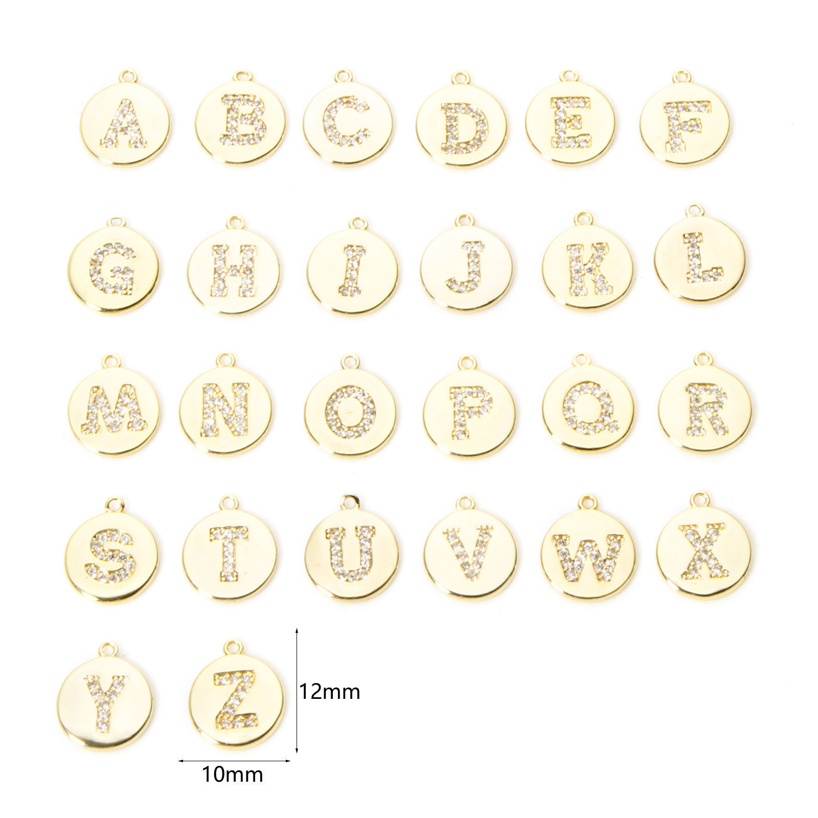Picture of Brass Charms 18K Gold Plated Round Capital Alphabet Initial Letter Micro Pave Clear Cubic Zirconia 12mm x 10mm
