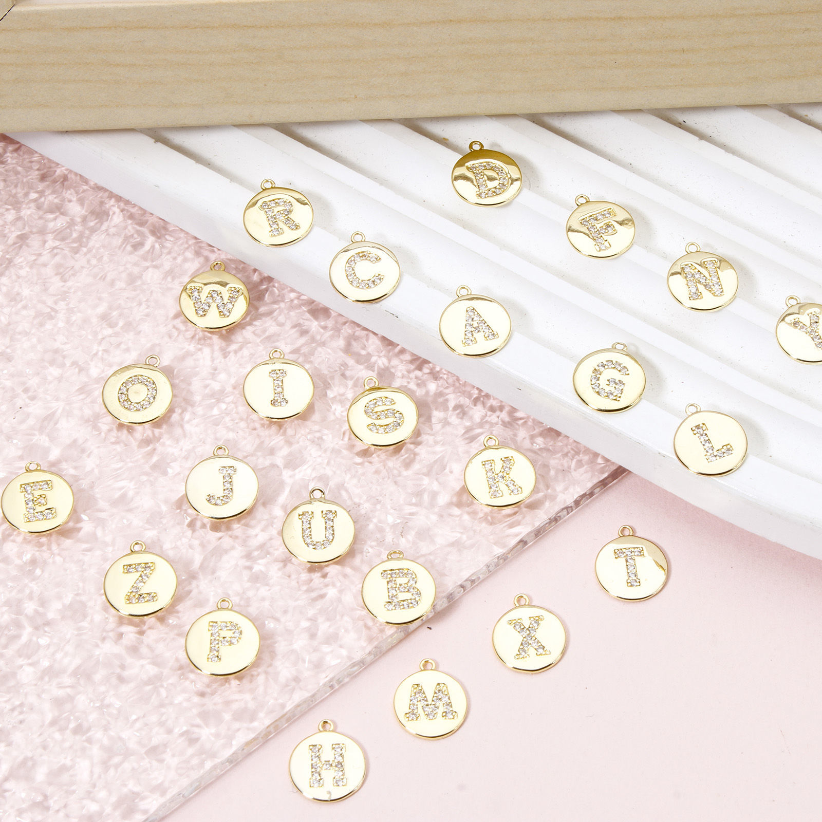 Picture of Brass Charms 18K Gold Plated Round Capital Alphabet Initial Letter Micro Pave Clear Cubic Zirconia 12mm x 10mm