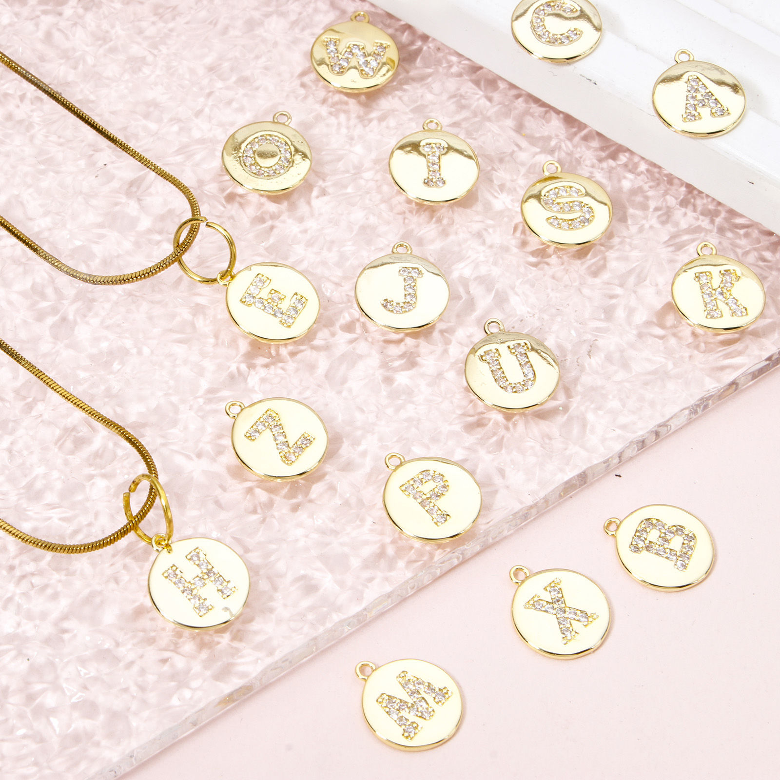 Picture of Brass Charms 18K Gold Plated Round Capital Alphabet Initial Letter Micro Pave Clear Cubic Zirconia 12mm x 10mm
