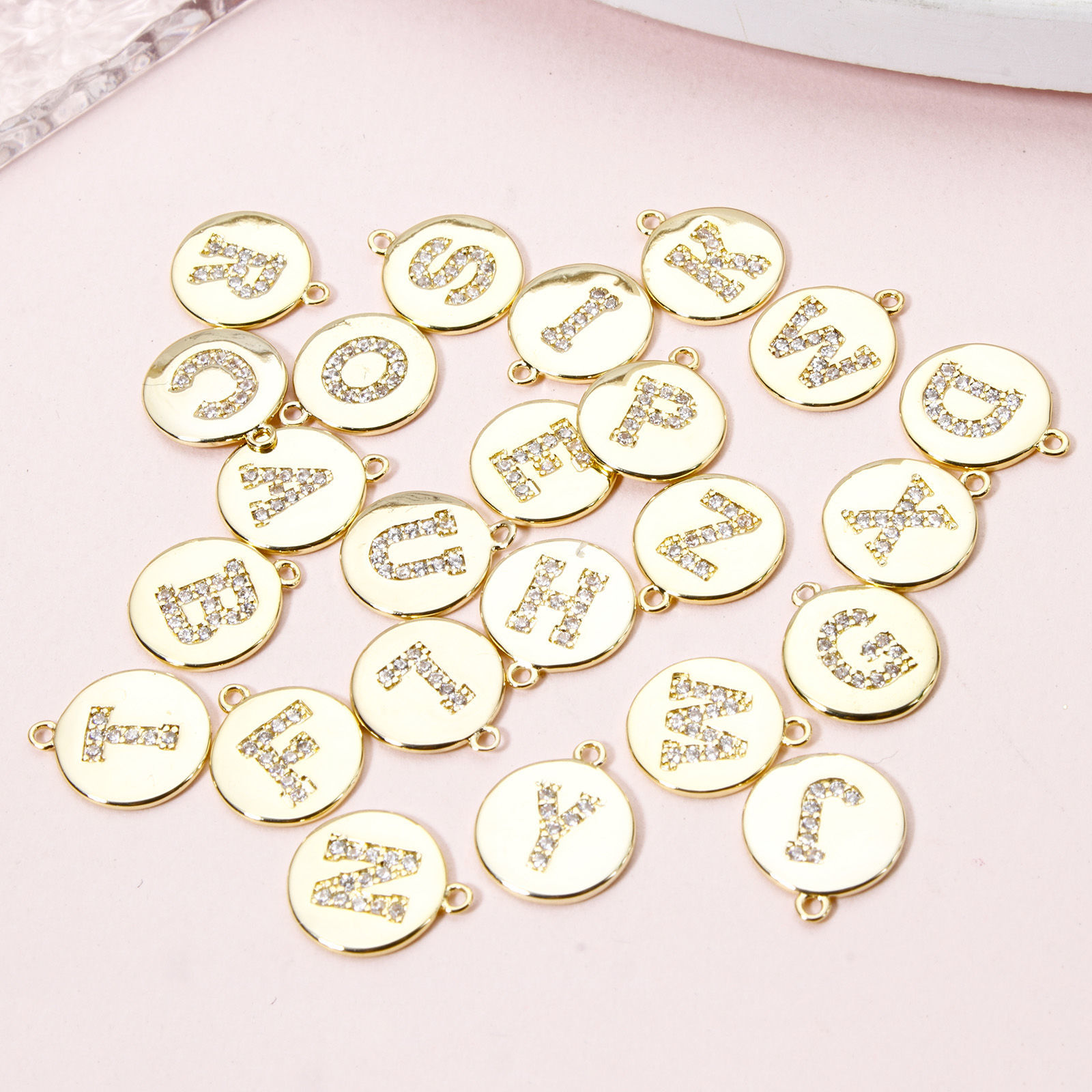 Picture of Brass Charms 18K Gold Plated Round Capital Alphabet Initial Letter Micro Pave Clear Cubic Zirconia 12mm x 10mm