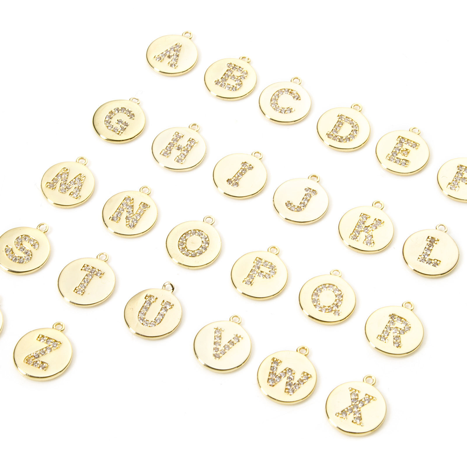Picture of Brass Charms 18K Gold Plated Round Capital Alphabet Initial Letter Micro Pave Clear Cubic Zirconia 12mm x 10mm