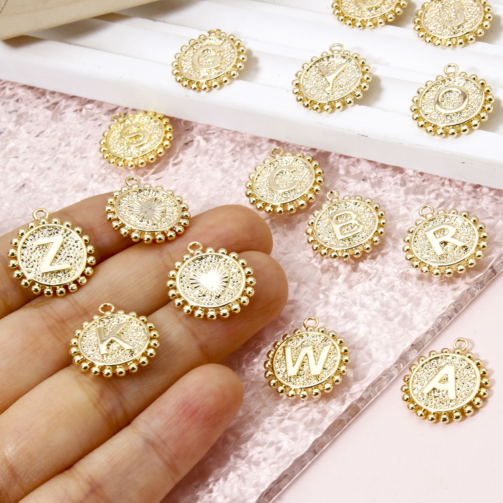Picture of Brass Charms 18K Gold Plated Round Capital Alphabet Initial Letter Double Sided 18mm x 16mm