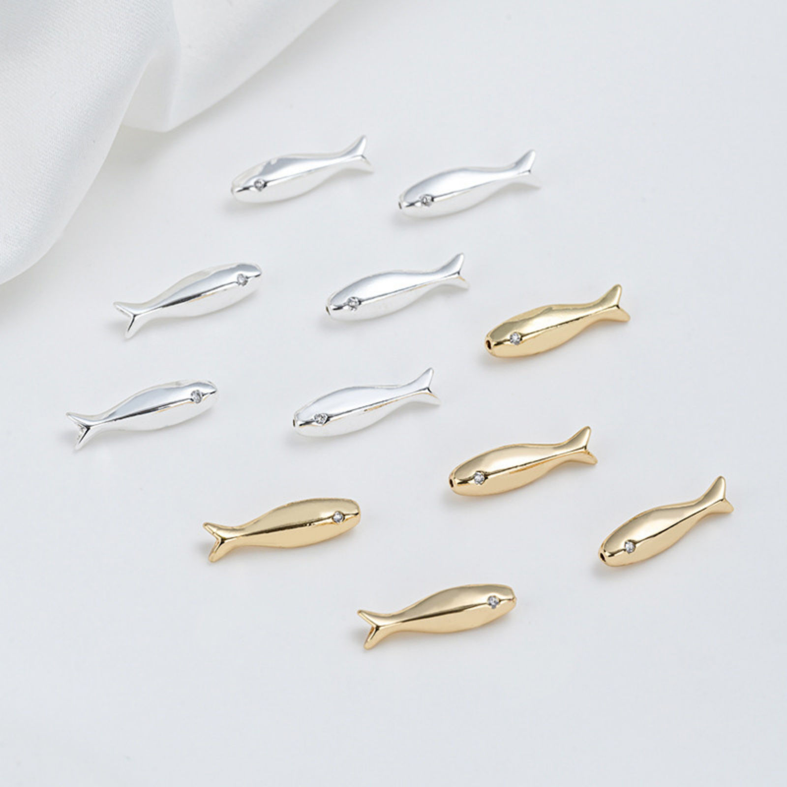 Picture of Eco-friendly Brass Ocean Jewelry Beads For DIY Jewelry Making Real Gold Plated Fish Animal Clear Cubic Zirconia About 15.8mm x 4.2mm, Hole: Approx 4mm