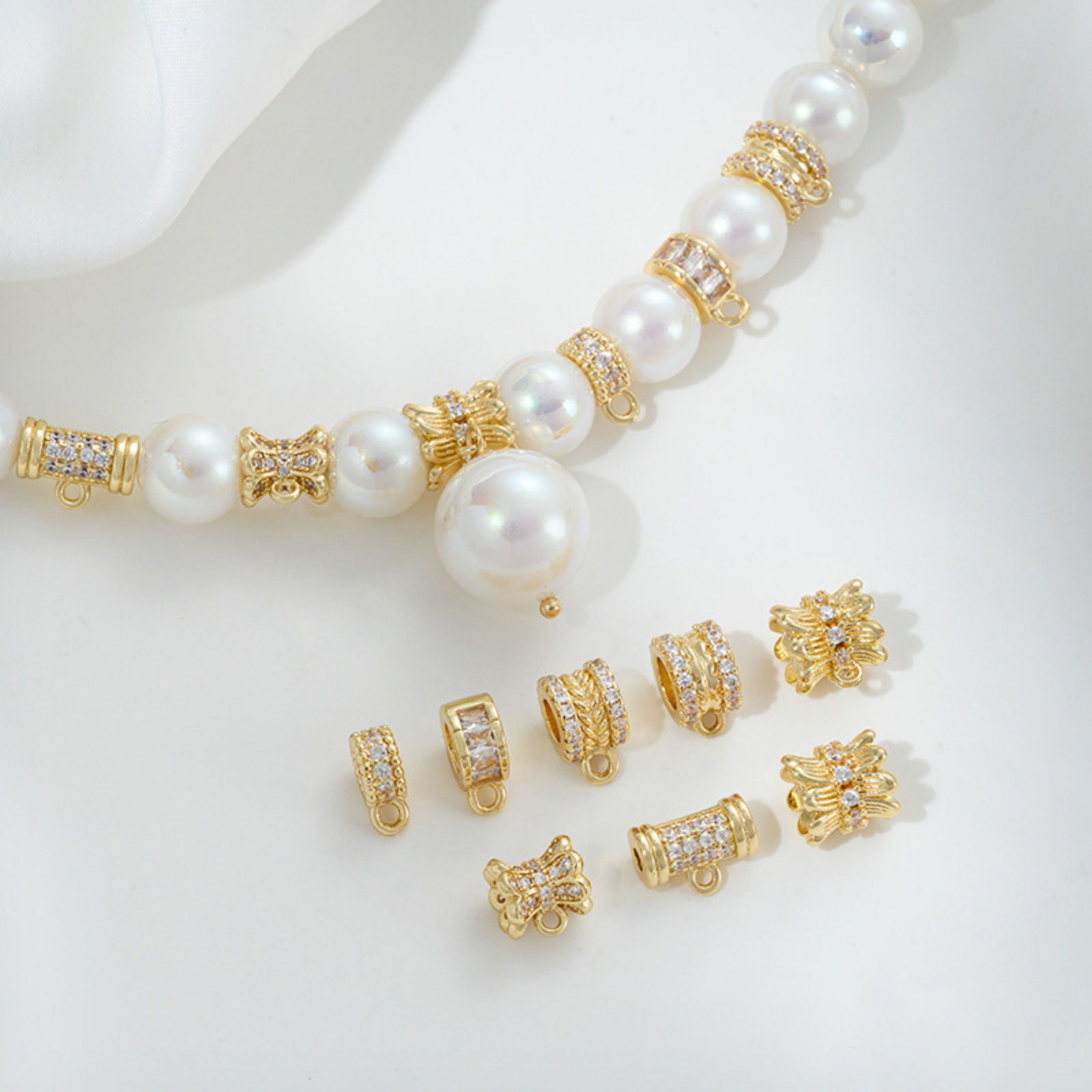 Picture of Eco-friendly Brass Bail Beads With Loop For DIY Jewelry Making Findings Round 14K Real Gold Plated Clear Cubic Zirconia