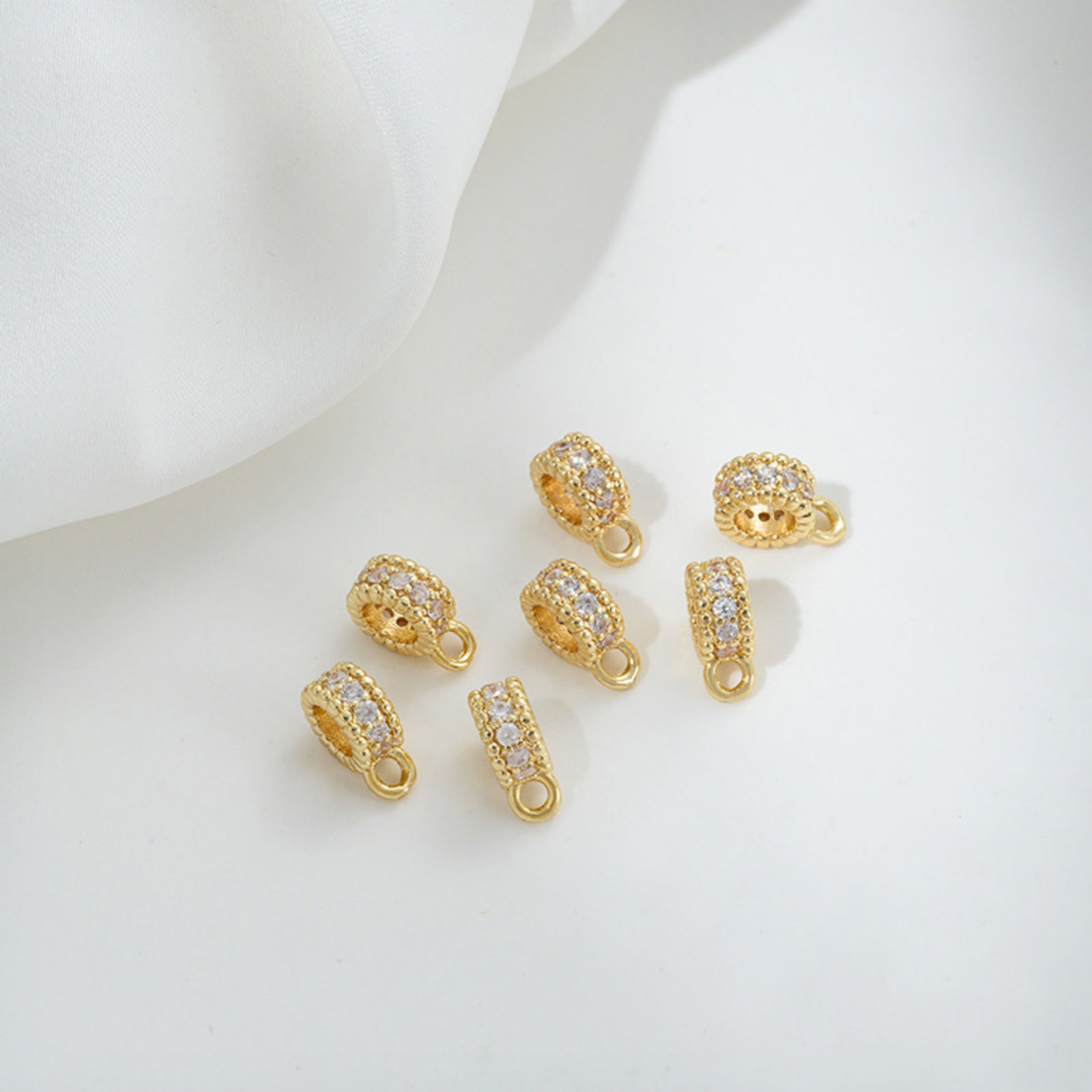 Picture of Eco-friendly Brass Bail Beads With Loop For DIY Jewelry Making Findings Round 14K Real Gold Plated Clear Cubic Zirconia