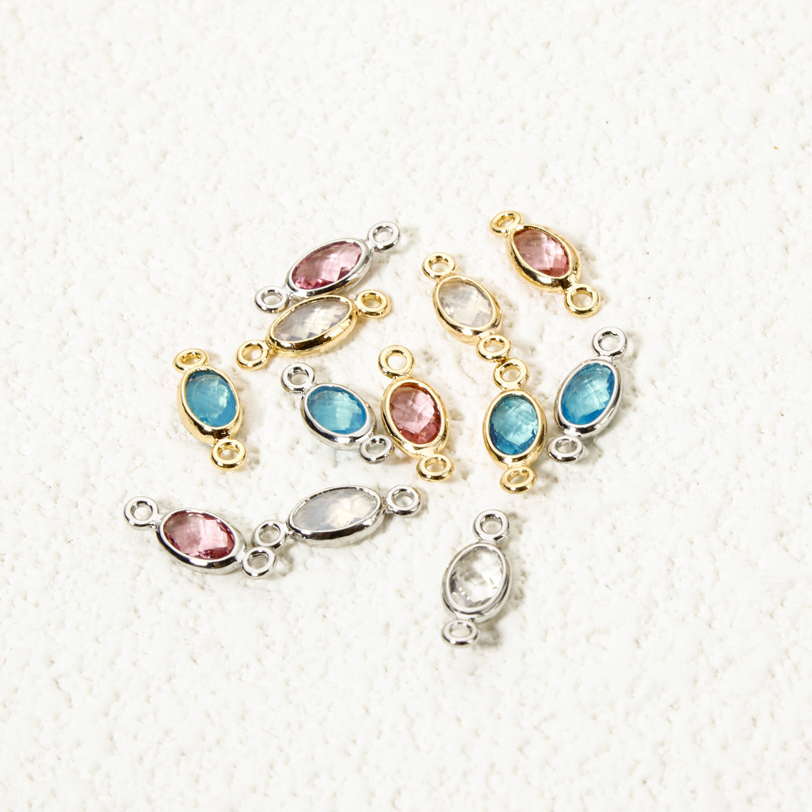 Picture of Eco-friendly Brass Connectors Charms Pendants Oval Real Gold Plated Multicolor Rhinestone 10mm x 4mm