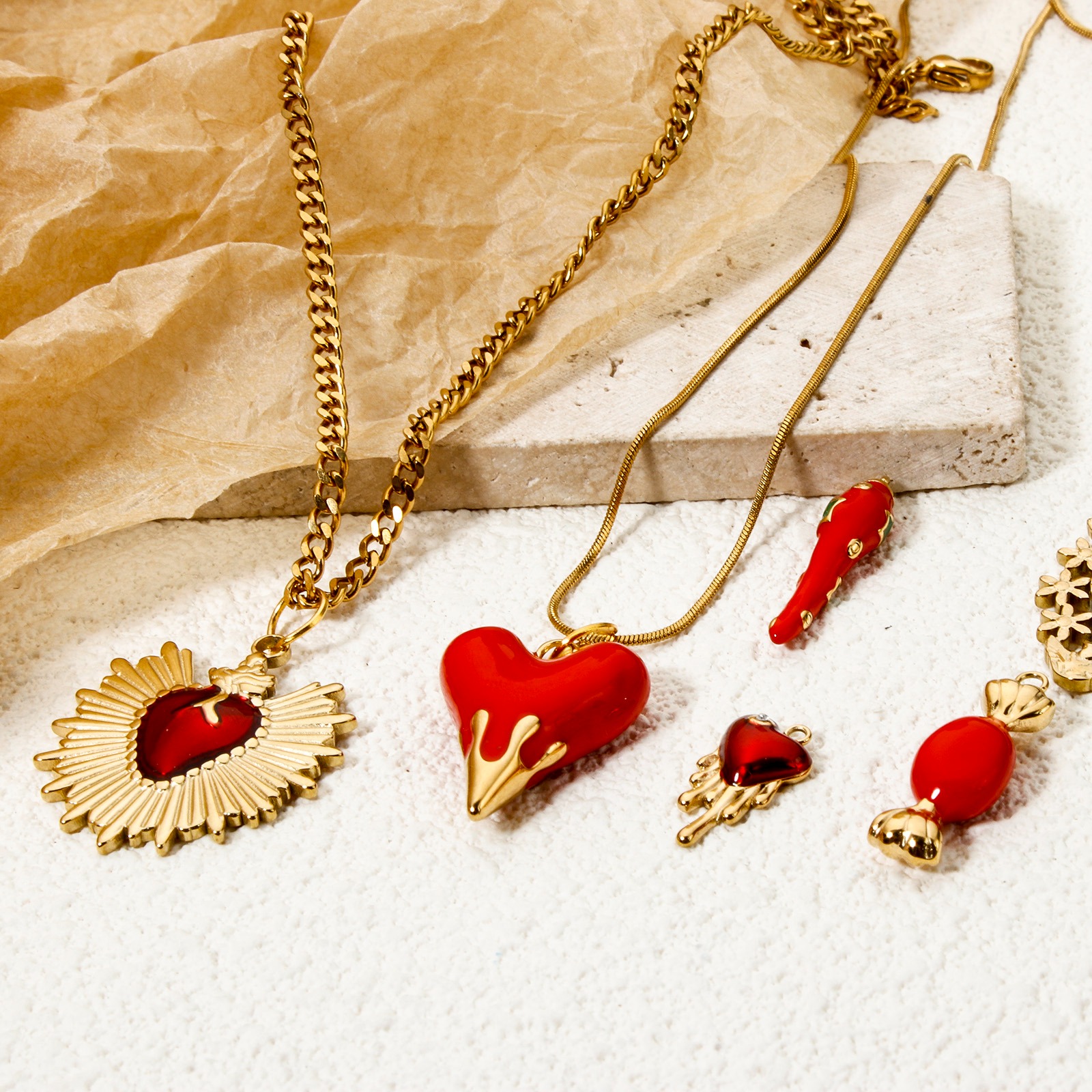 Picture of Eco-friendly PVD Vacuum Plating 304 Stainless Steel Charms 14K Real Gold Plated Red Heart Ex Voto Heart