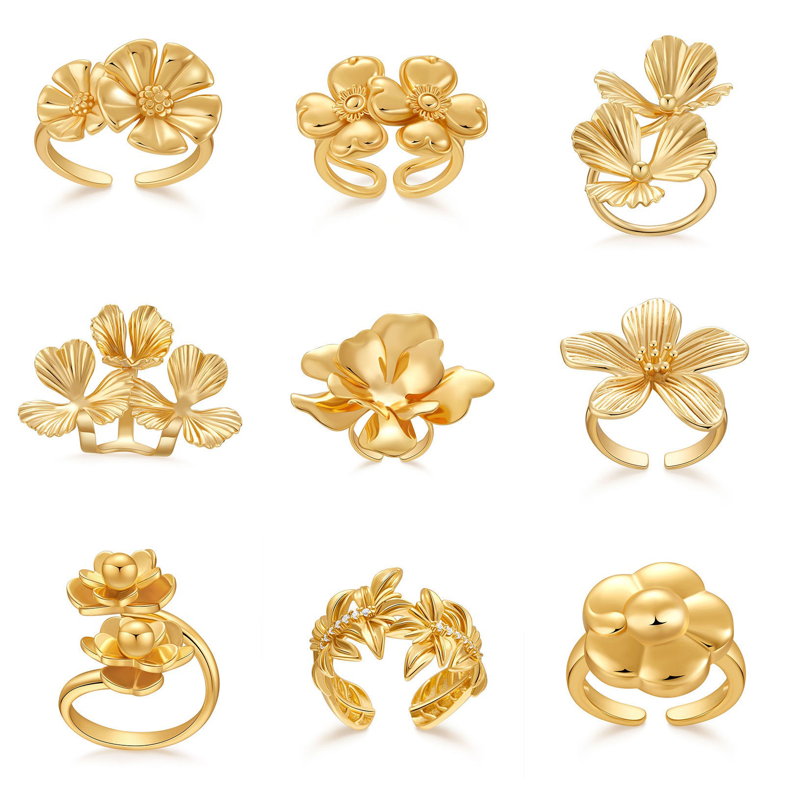 Picture of Eco-friendly Stylish Ins Style 18K Real Gold Plated Brass Open Flower 3D Rings For Women