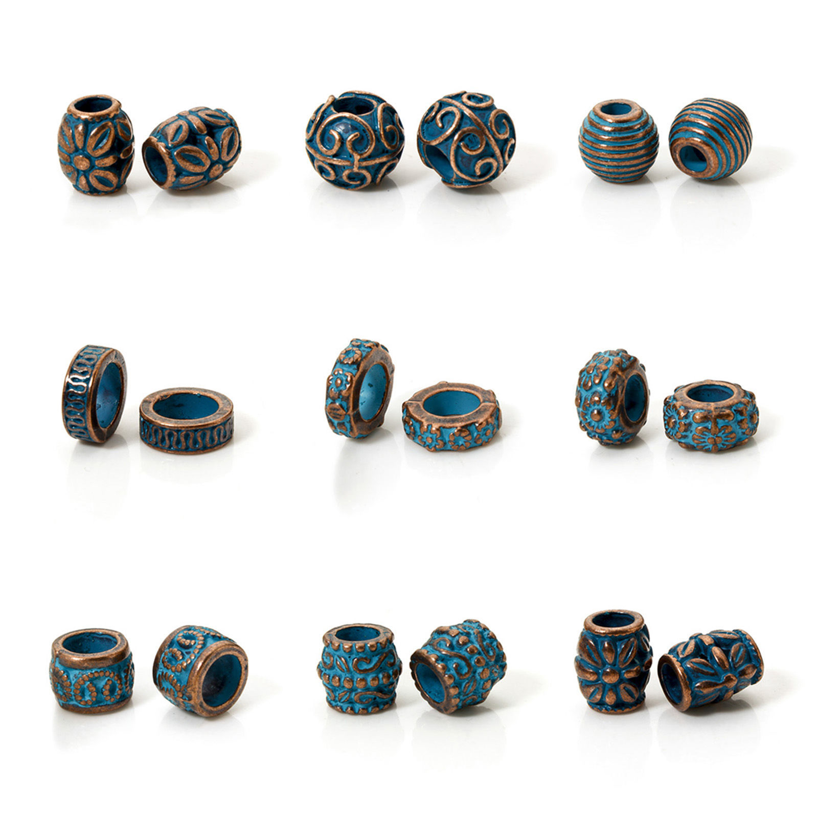 Picture of Zinc Based Alloy Patina Spacer Beads For DIY Jewelry Making Antique Copper Blue Drum Flower