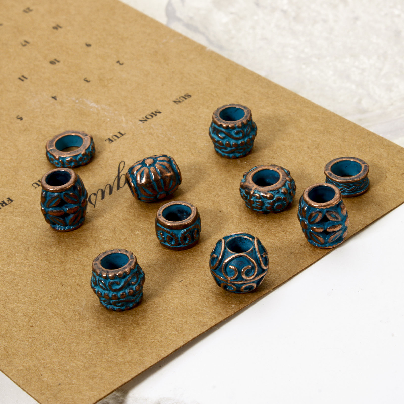 Picture of Zinc Based Alloy Patina Spacer Beads For DIY Jewelry Making Antique Copper Blue Drum Flower