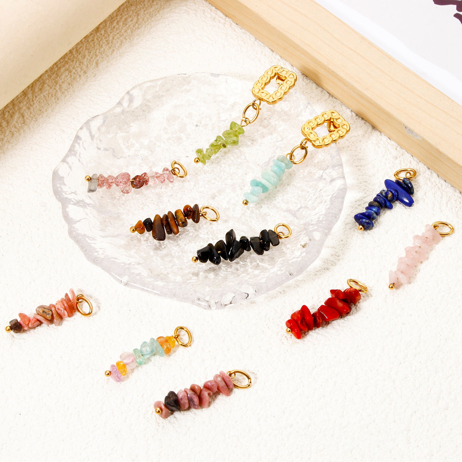 Picture of Eco-friendly PVD Vacuum Plating 304 Stainless Steel & Gemstone Pendants 18K Real Gold Plated Multicolor Irregular 3.1cm x 0.8cm