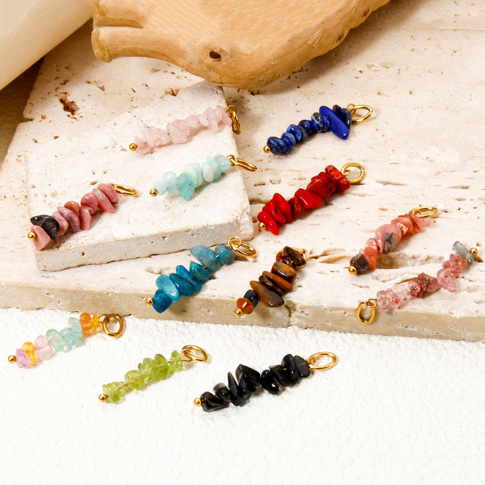 Picture of Eco-friendly PVD Vacuum Plating 304 Stainless Steel & Gemstone Pendants 18K Real Gold Plated Multicolor Irregular 3.1cm x 0.8cm