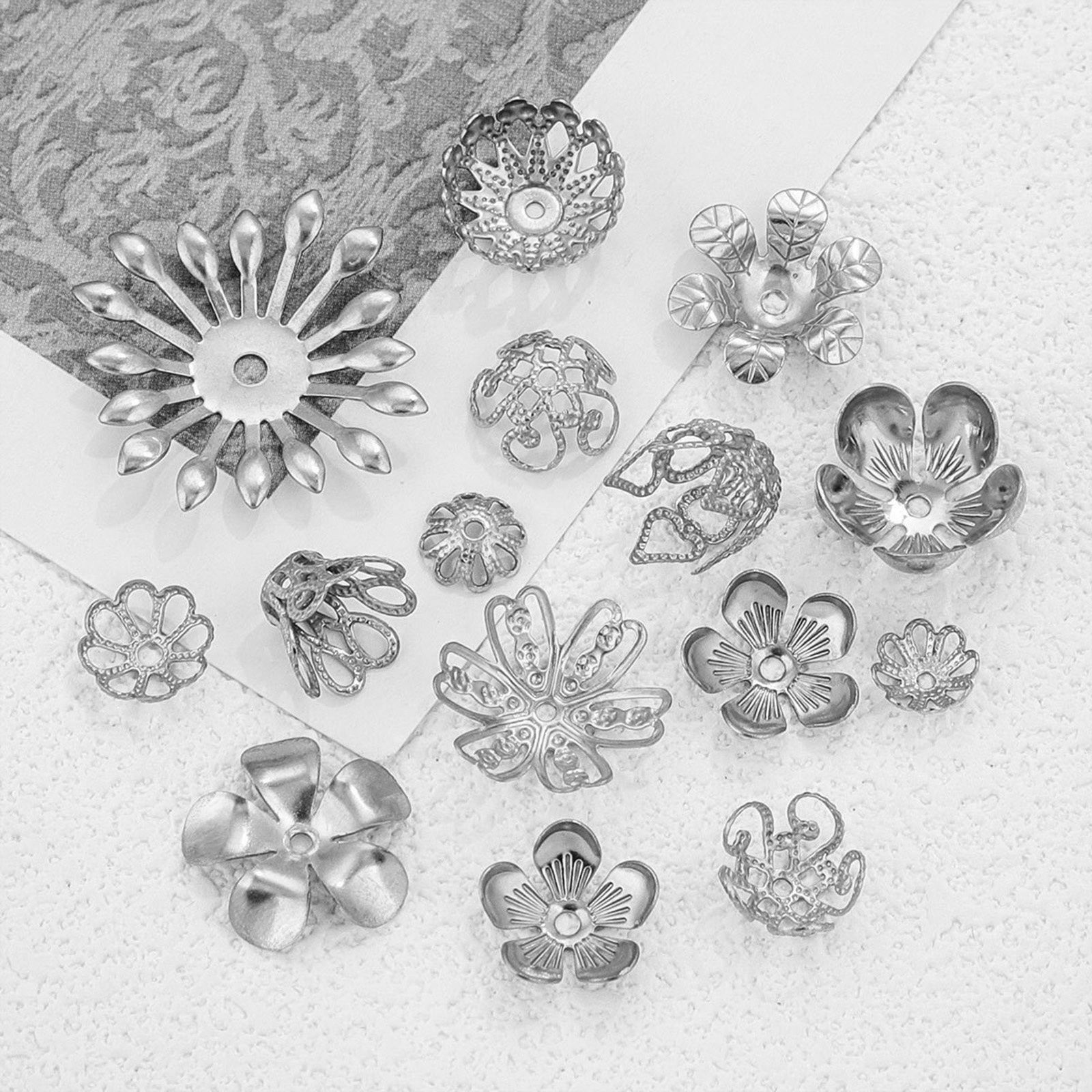 Imagen de 50 Unidades 304 Acero Inoxidable Tapón de cuentas Flor Tono de Plata