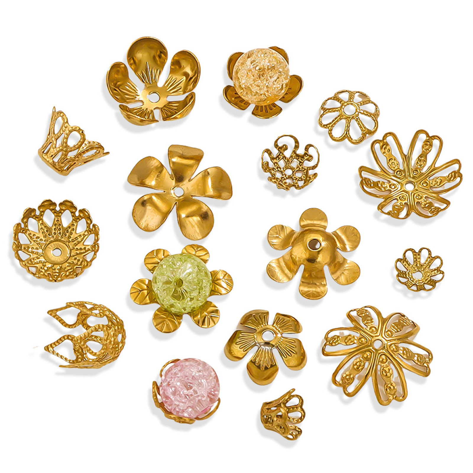 Imagen de 10 Unidades Enchapado al Vacío 304 Acero Inoxidable Tapón de cuentas Flor Chapado en Oro de 18K