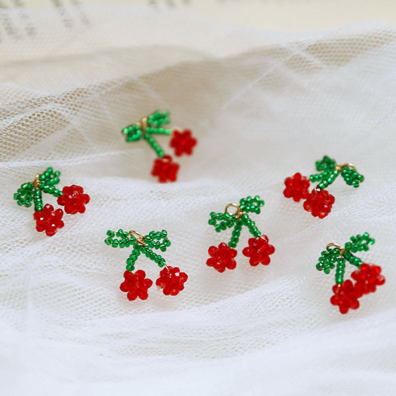 Picture of Iron Based Alloy & Glass Crochet Knitted Weaving Charms Red & Green Cherry Fruit 16mm x 15mm