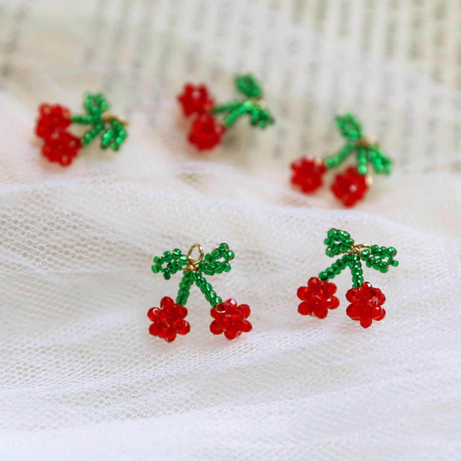 Picture of Iron Based Alloy & Glass Crochet Knitted Weaving Charms Red & Green Cherry Fruit 16mm x 15mm