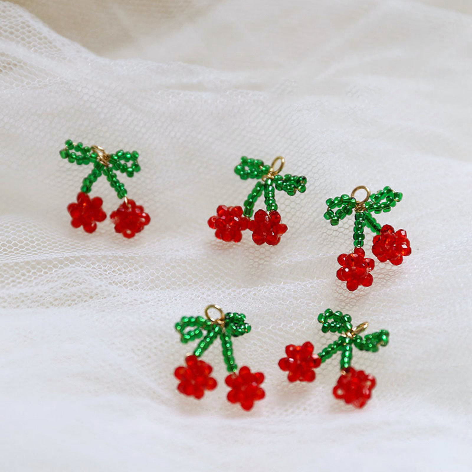 Picture of Iron Based Alloy & Glass Crochet Knitted Weaving Charms Red & Green Cherry Fruit 16mm x 15mm