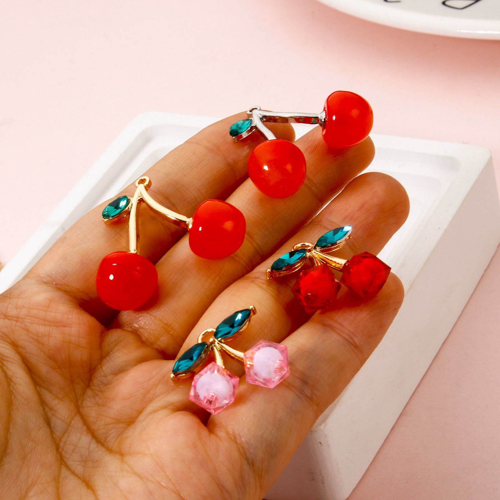 Picture of Zinc Based Alloy & Acrylic Charms Multicolor Cherry Fruit 3D Green Rhinestone