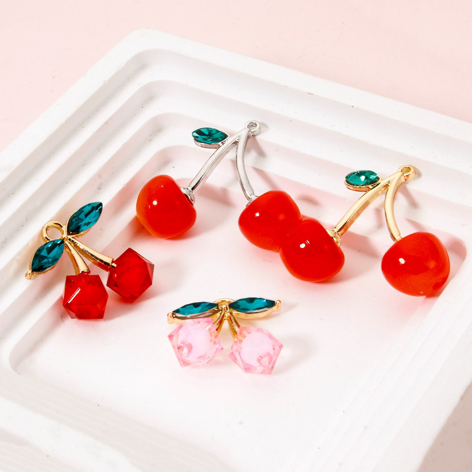 Picture of Zinc Based Alloy & Acrylic Charms Multicolor Cherry Fruit 3D Green Rhinestone