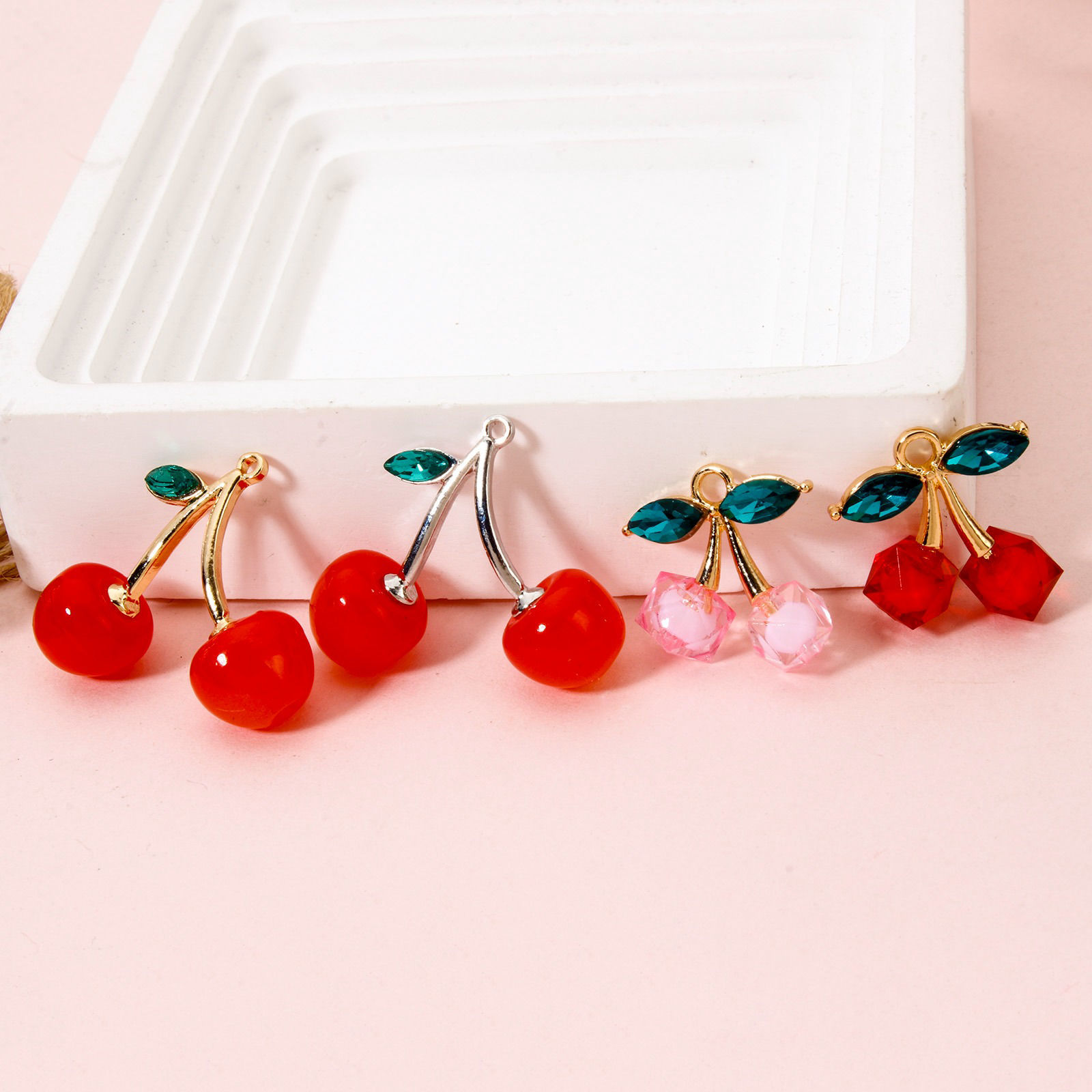 Picture of Zinc Based Alloy & Acrylic Charms Multicolor Cherry Fruit 3D Green Rhinestone