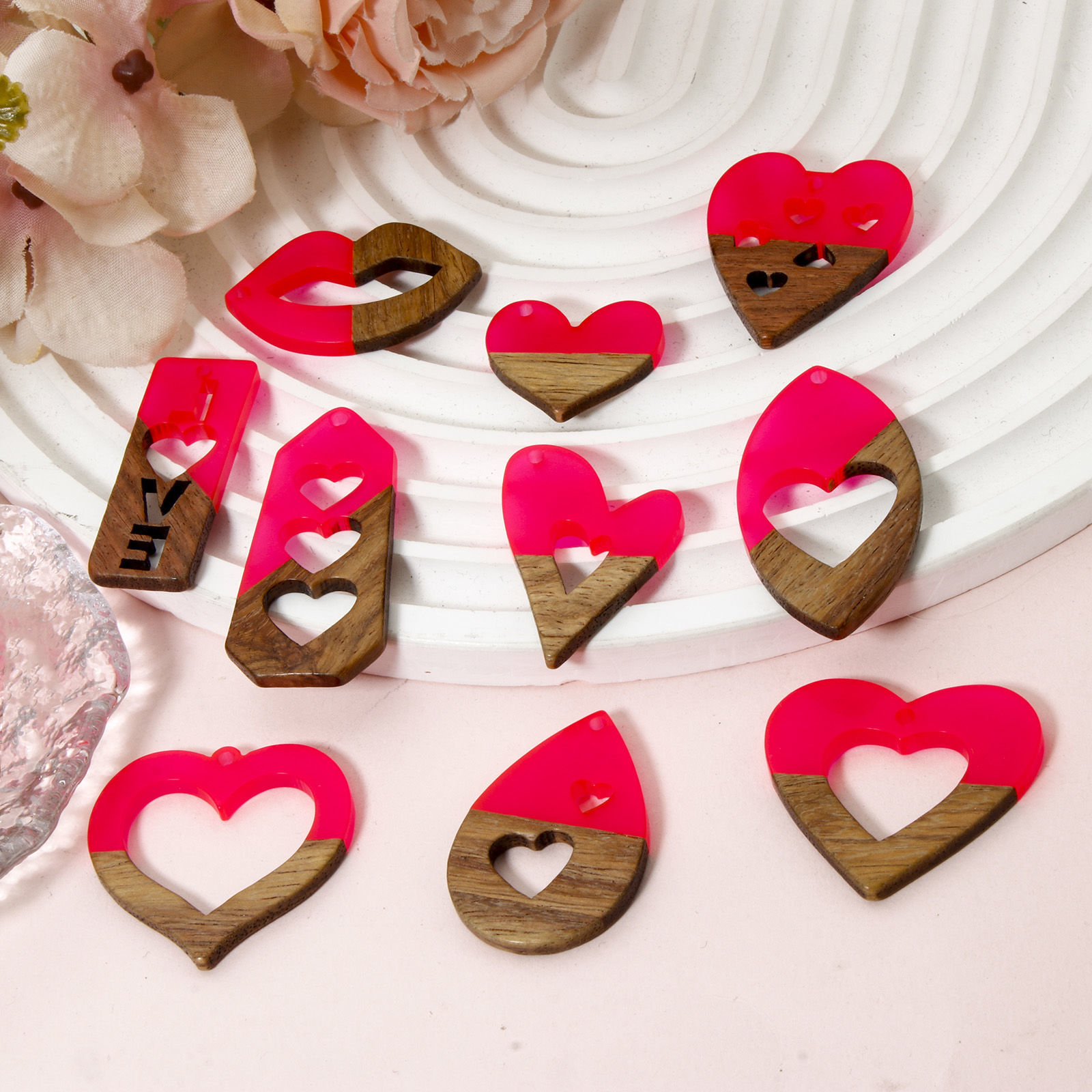 Picture of Resin & Natural Wood Valentine's Day Pendants Fuchsia