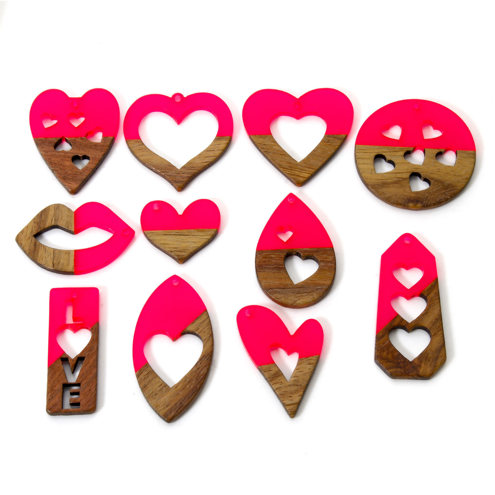 Picture of Resin & Natural Wood Valentine's Day Pendants Fuchsia
