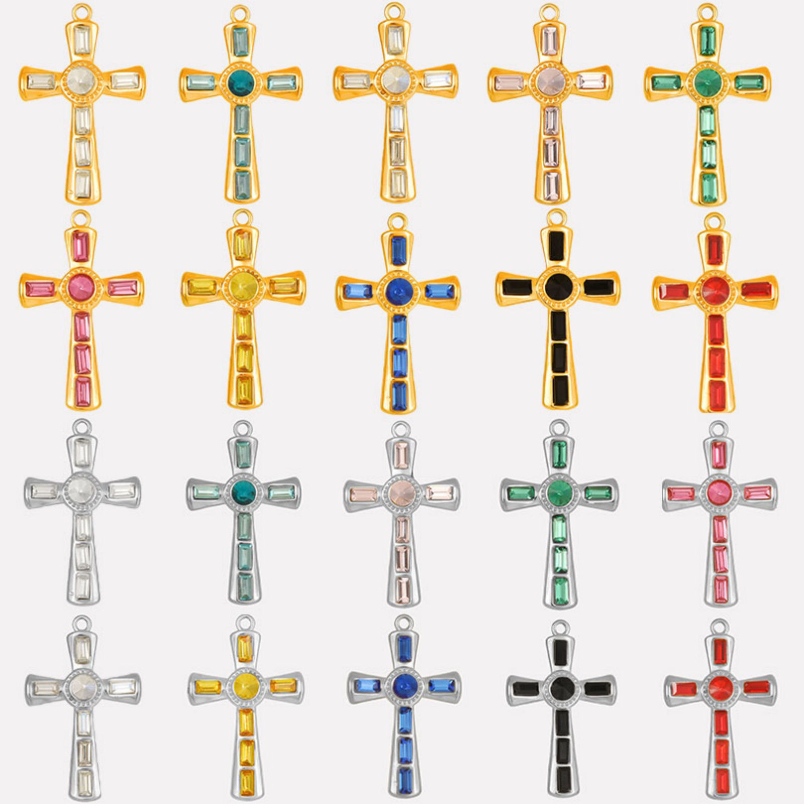 Picture of 304 Stainless Steel Religious Pendants Cross Multicolor Rhinestone 37mm x 23mm