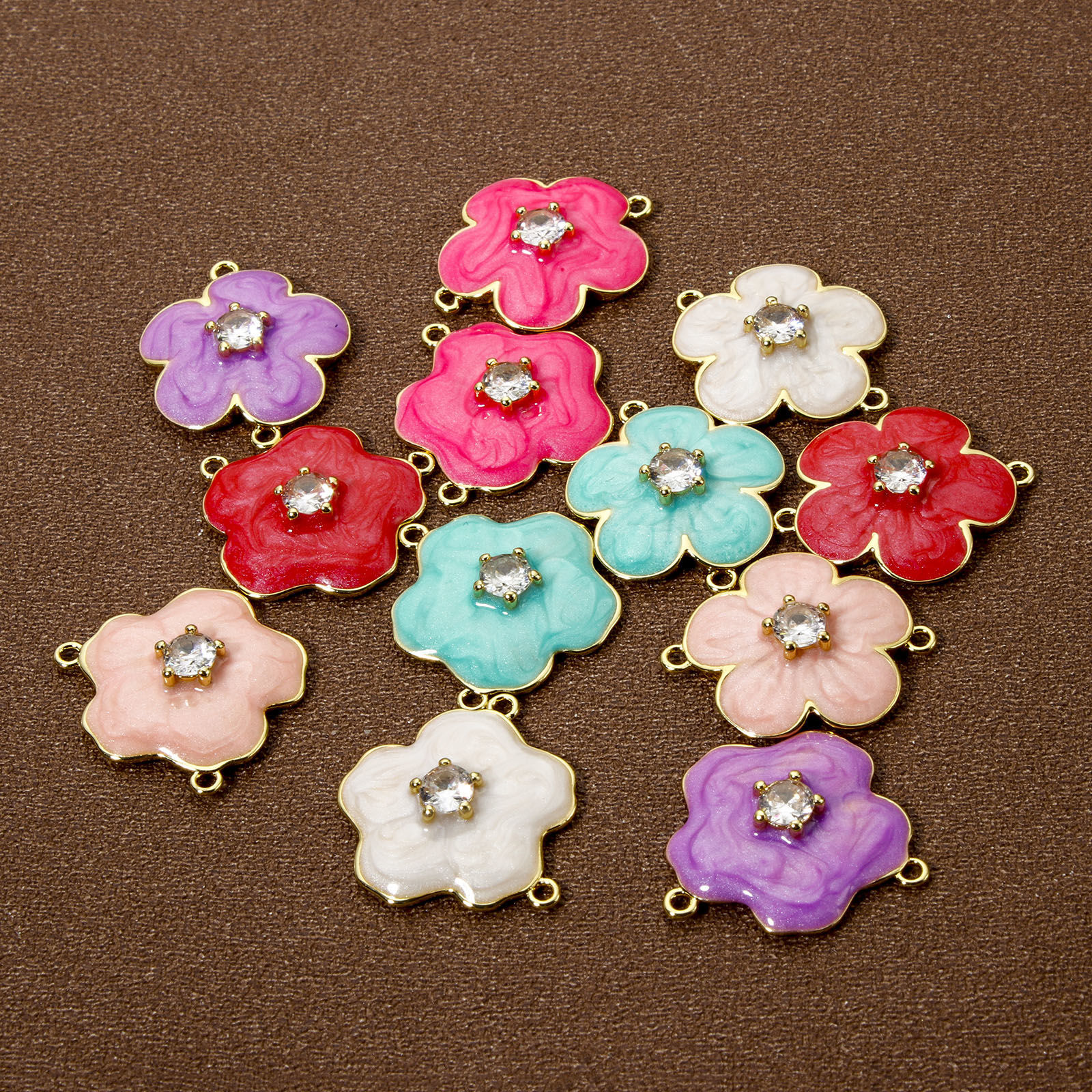 Image de 1 Pièce Connecteurs Pendentifs Breloques Respectueux de la Nature en Laiton Plaqué Or Véritable 18K Multicolore Perlaire Fleur Émail à Zircone Cubique Clair
