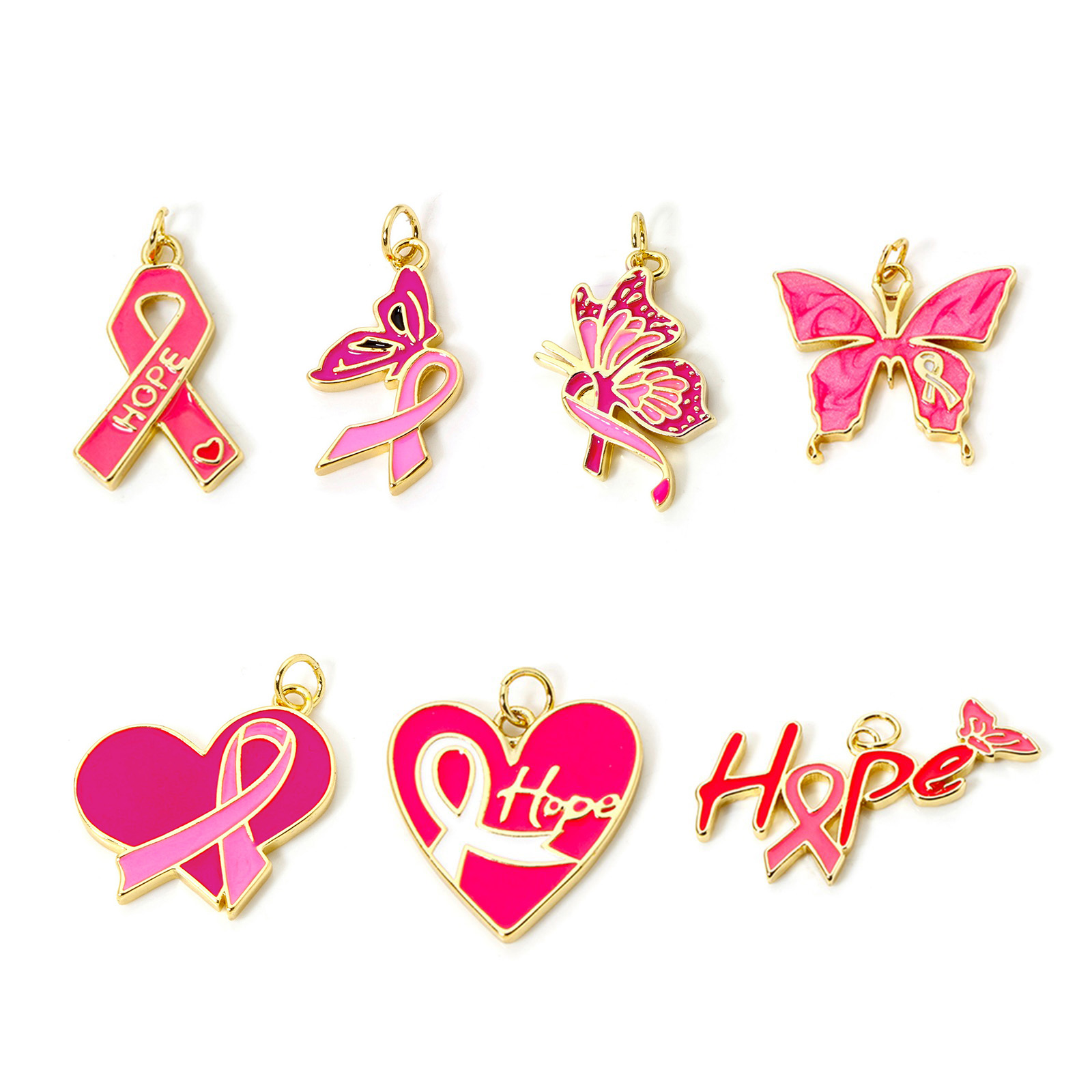 Image de 1 Pièce Breloques Thème du Ruban Rose pour la Sensibilisation au Cancer du Sein Respectueux de la Nature en Laiton Plaqué Or Véritable 18K Émail