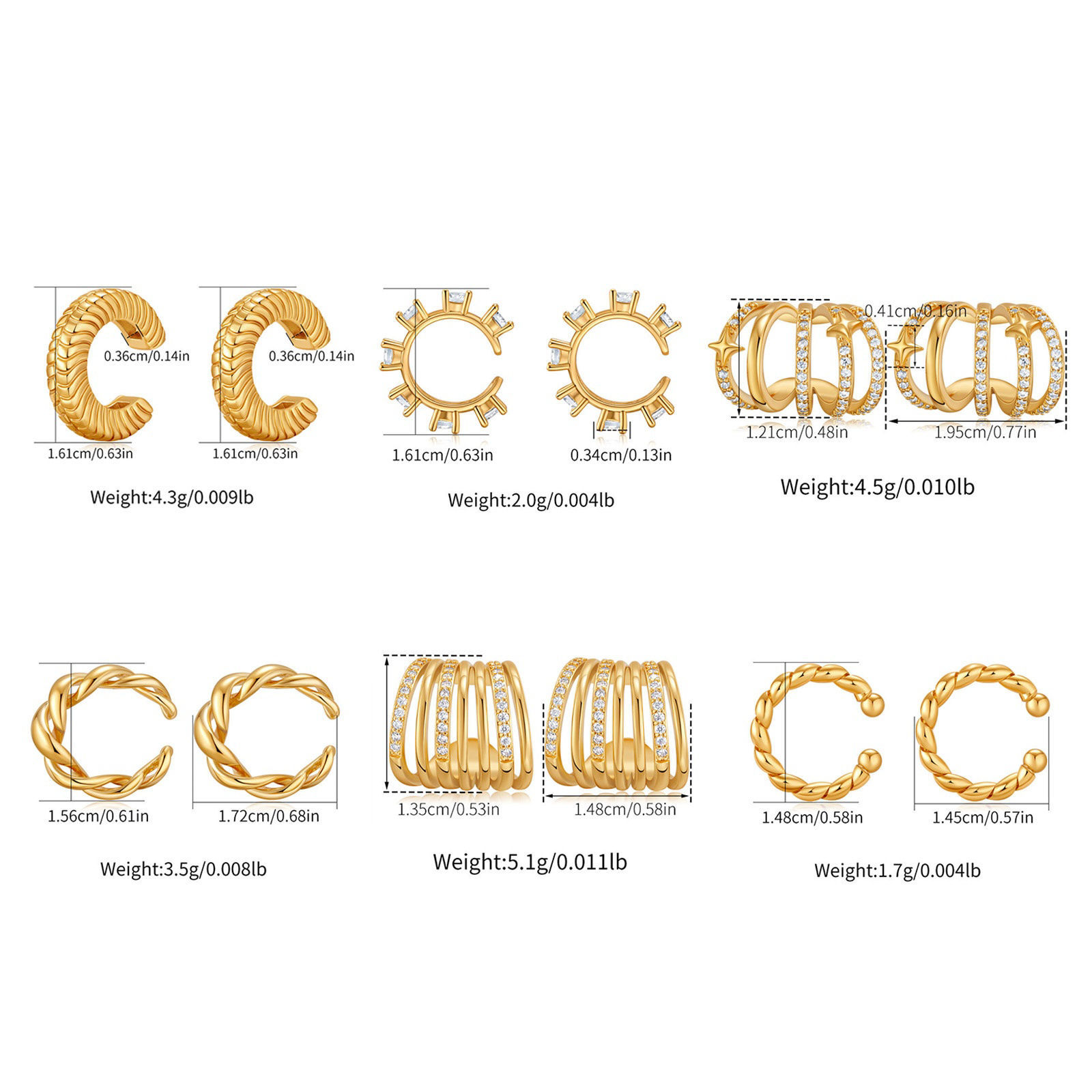 Imagen de 1 Par Respetuoso del Medio Ambiente Elegante Sencillo 18K Oro Real Chapado Latón Forma de C Textura Pendientes de Clip de Oreja Para Mujeres
