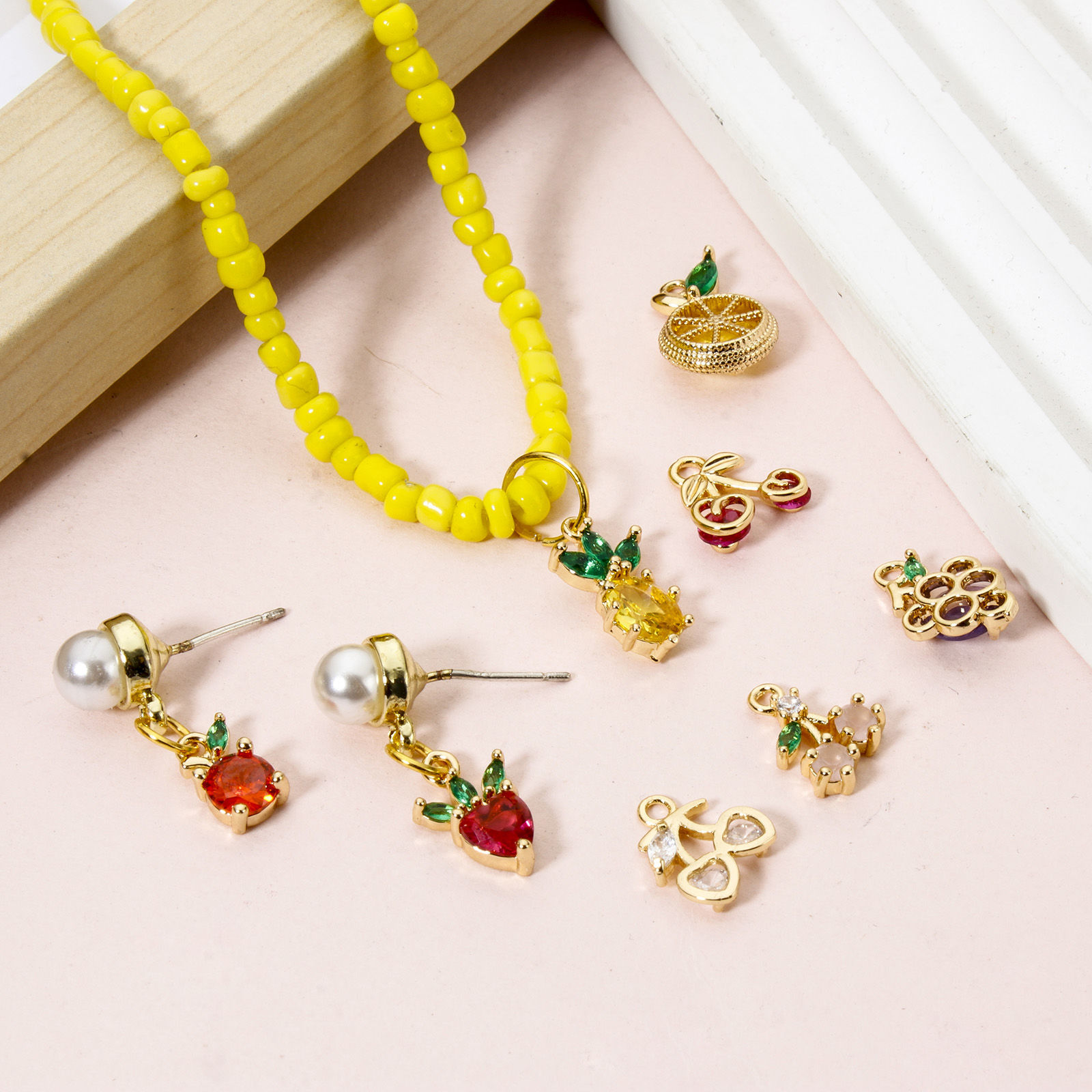 Picture of Brass Charms 18K Real Gold Plated Fruit Multicolor Rhinestone