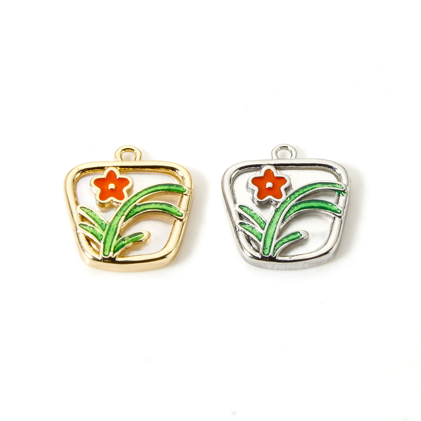 Imagen de 1 Unidad Concha Naturales & Latón Colgantes Multicolor Verde & Naranja Trapecio Flor Esmalte 12.5mm x 12mm