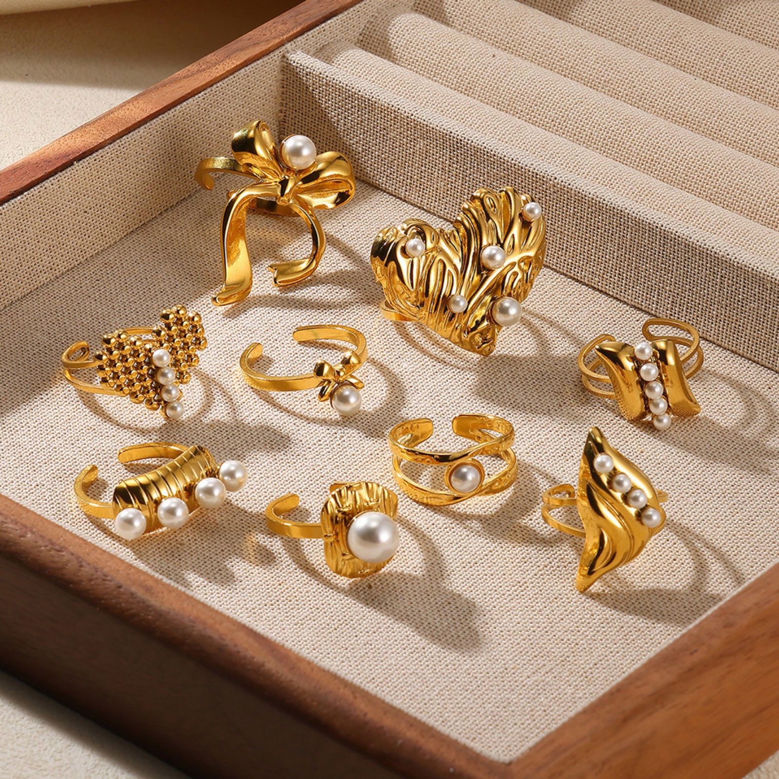 Imagen de 1 Unidad Elegante Exquisito 304 Acero Inoxidable Abierto Corazón Nudo Mariposa Imitación de perla Anillos Para Mujeres
